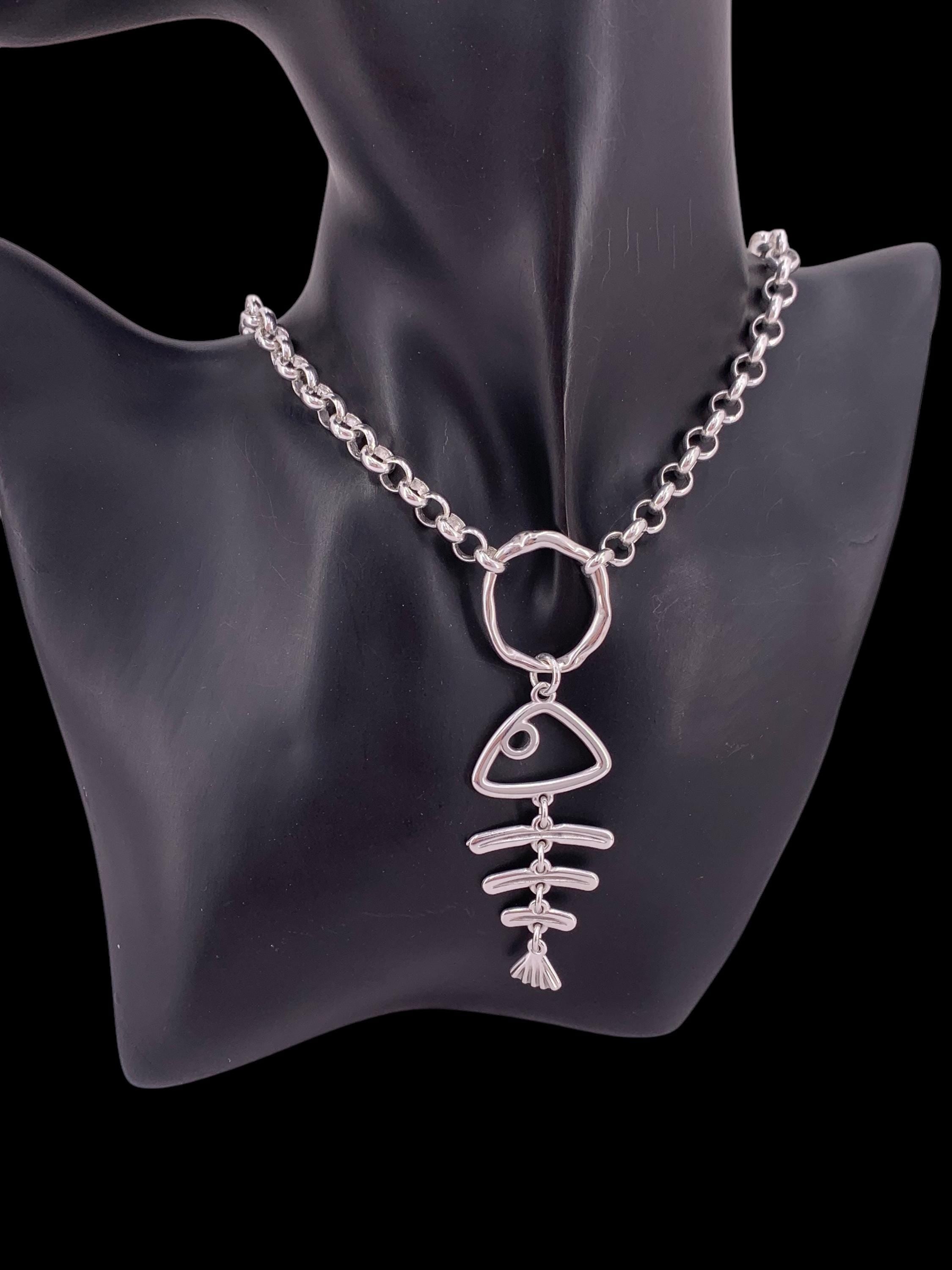 Statement pendant silver necklace, silver chain chunky pendant necklace, funny fish skeleton necklace, valentines gift, uno de 50 style,