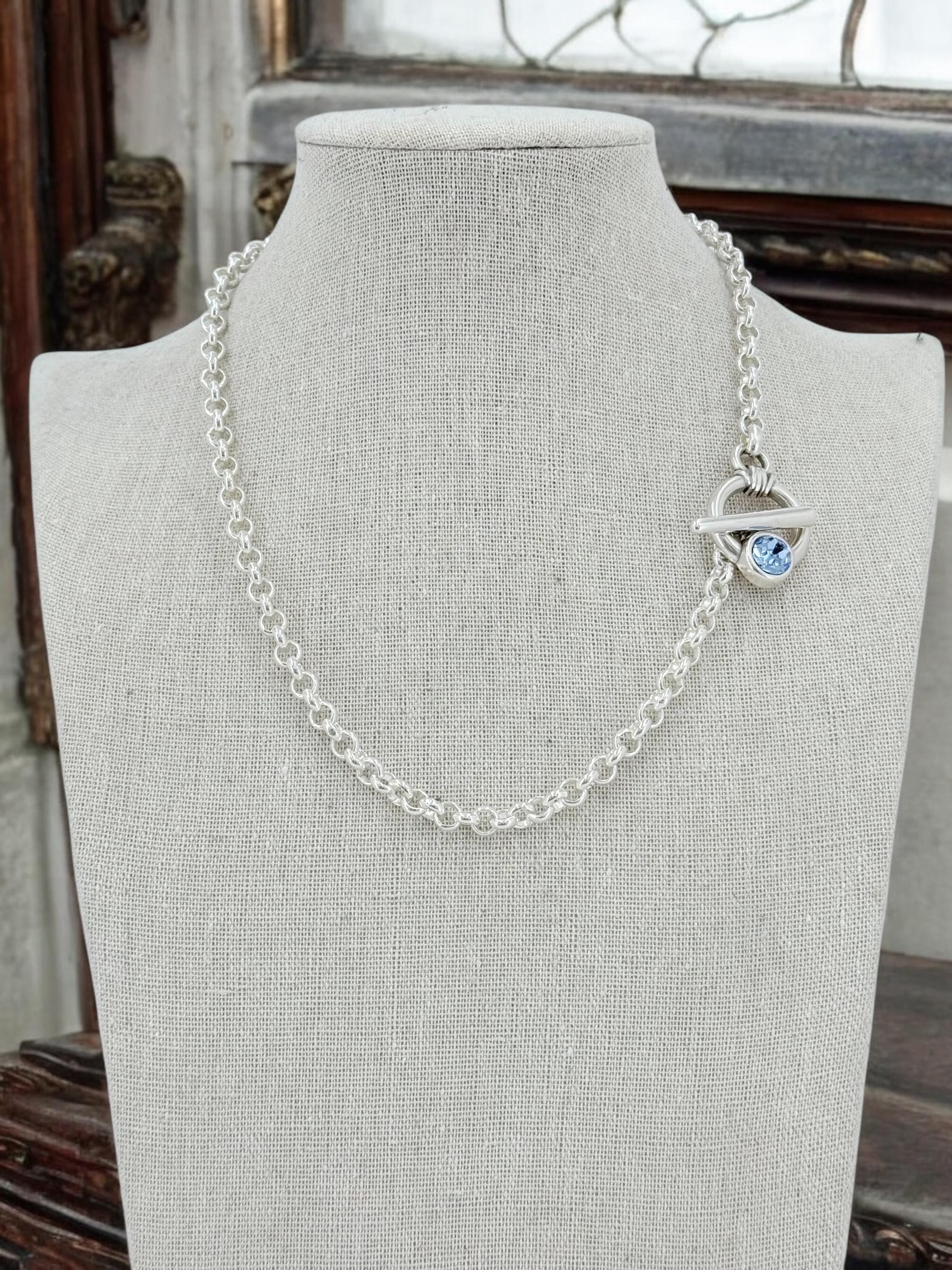 Chunky silver rolo chain necklace with toggle clasp with Swarovski crystal, bold chain silver necklace, statement silver chunky necklace