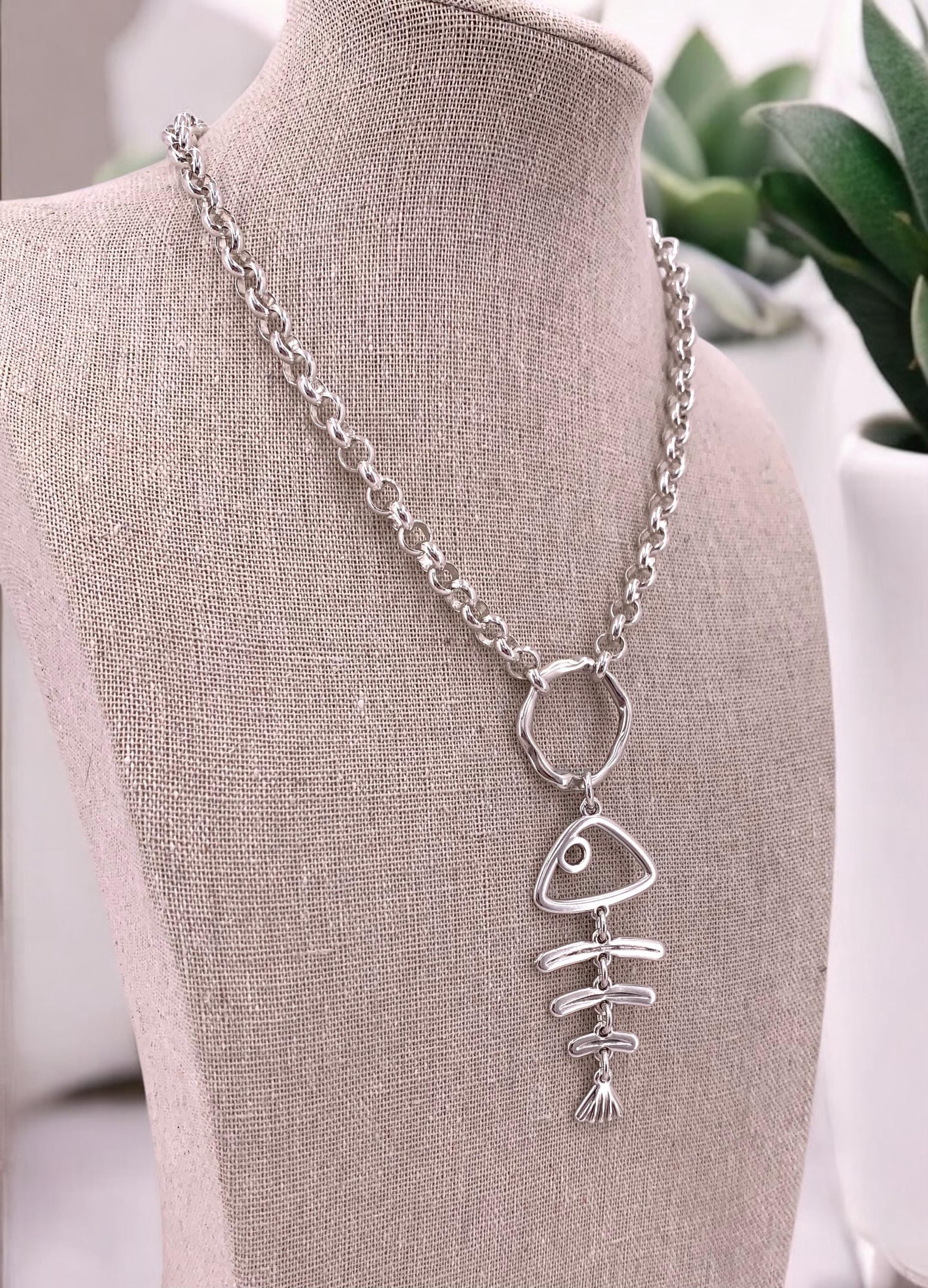 Statement pendant silver necklace, silver chain chunky pendant necklace, funny fish skeleton necklace, valentines gift, uno de 50 style,