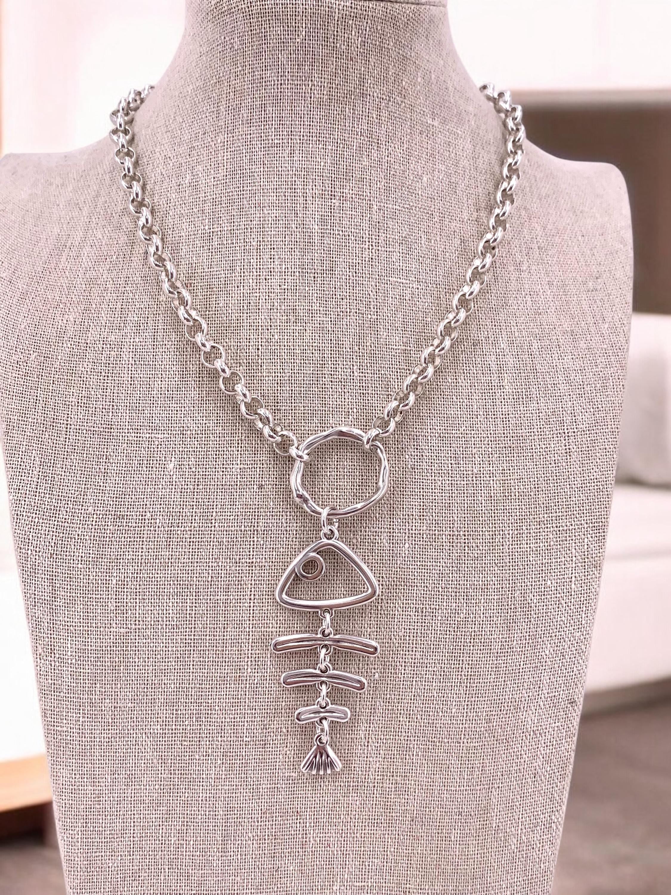 Statement pendant silver necklace, silver chain chunky pendant necklace, funny fish skeleton necklace, valentines gift, uno de 50 style,