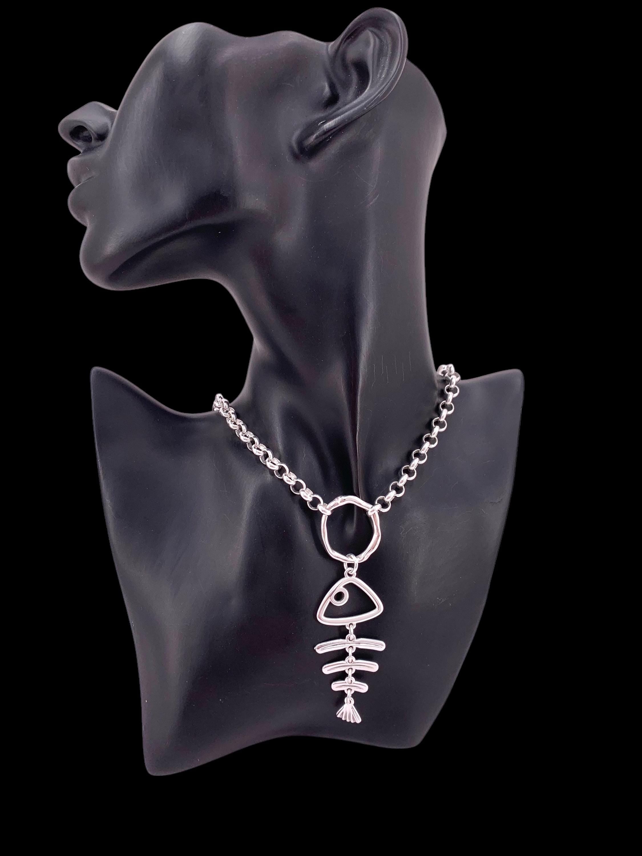 Statement pendant silver necklace, silver chain chunky pendant necklace, funny fish skeleton necklace, valentines gift, uno de 50 style,