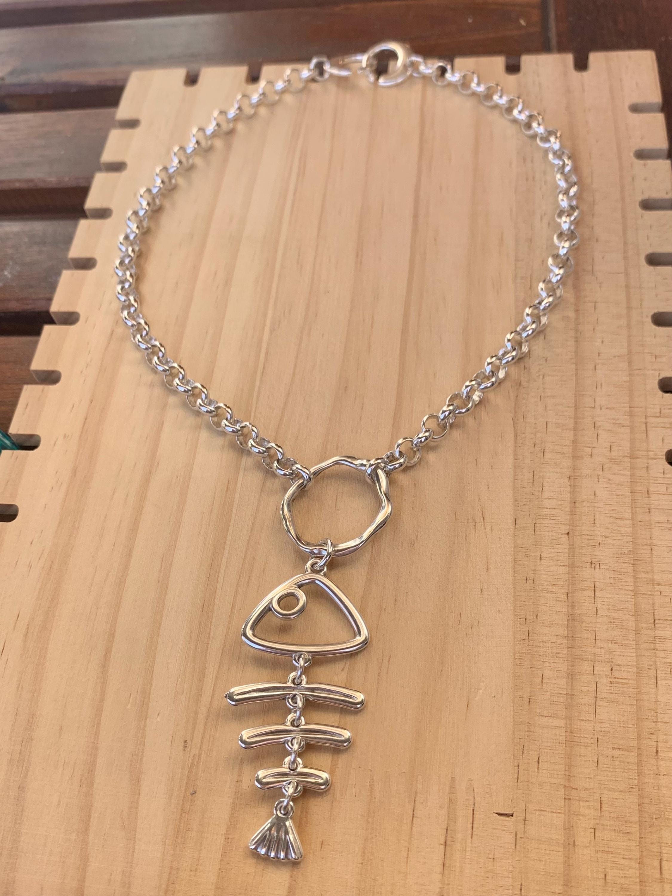 Statement pendant silver necklace, silver chain chunky pendant necklace, funny fish skeleton necklace, valentines gift, uno de 50 style,