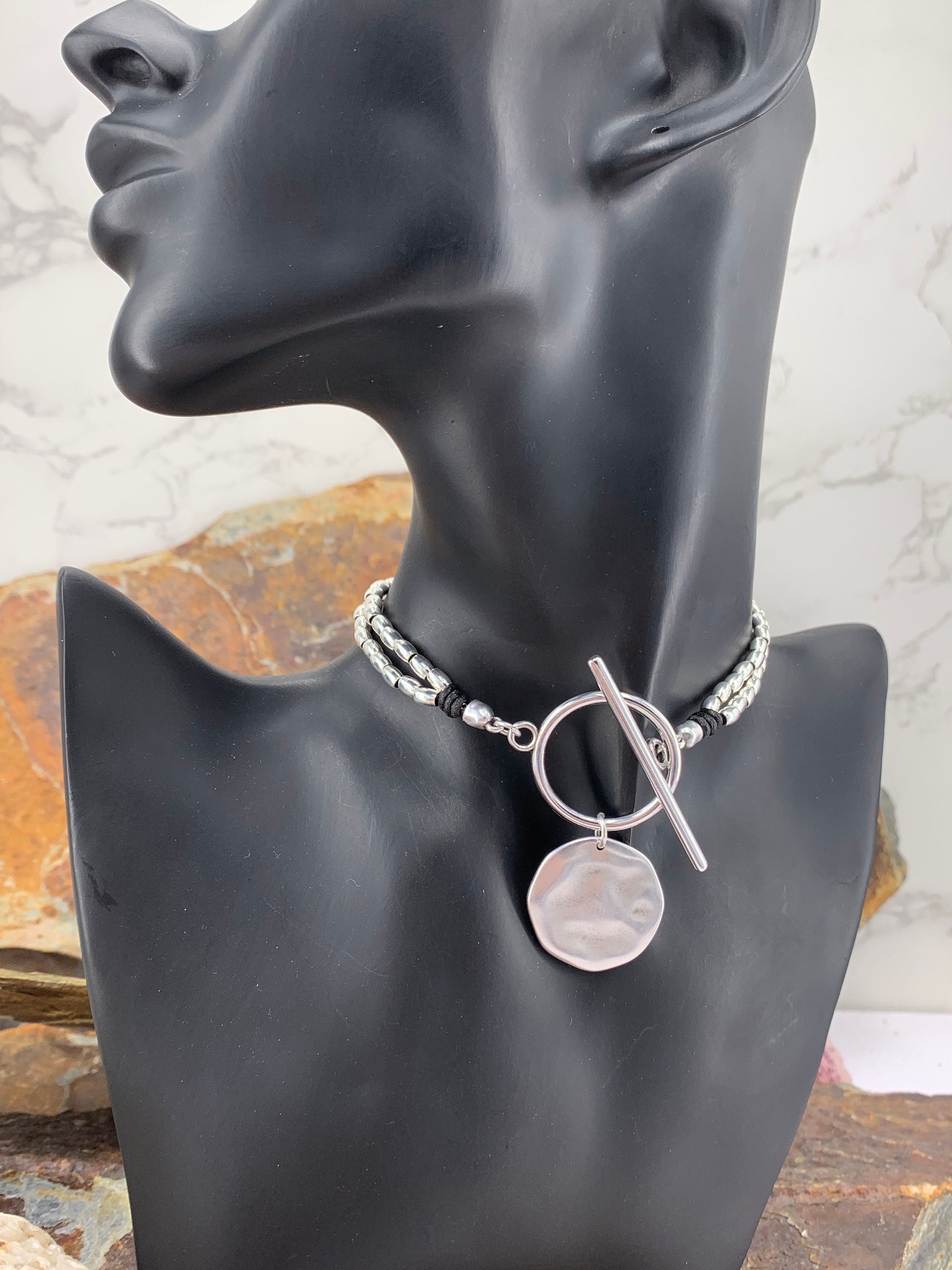 Statement circle pendant toggle necklace, silver beaded necklace, chunky toggle necklace, Wrap silver choker with big coin pendant, gift