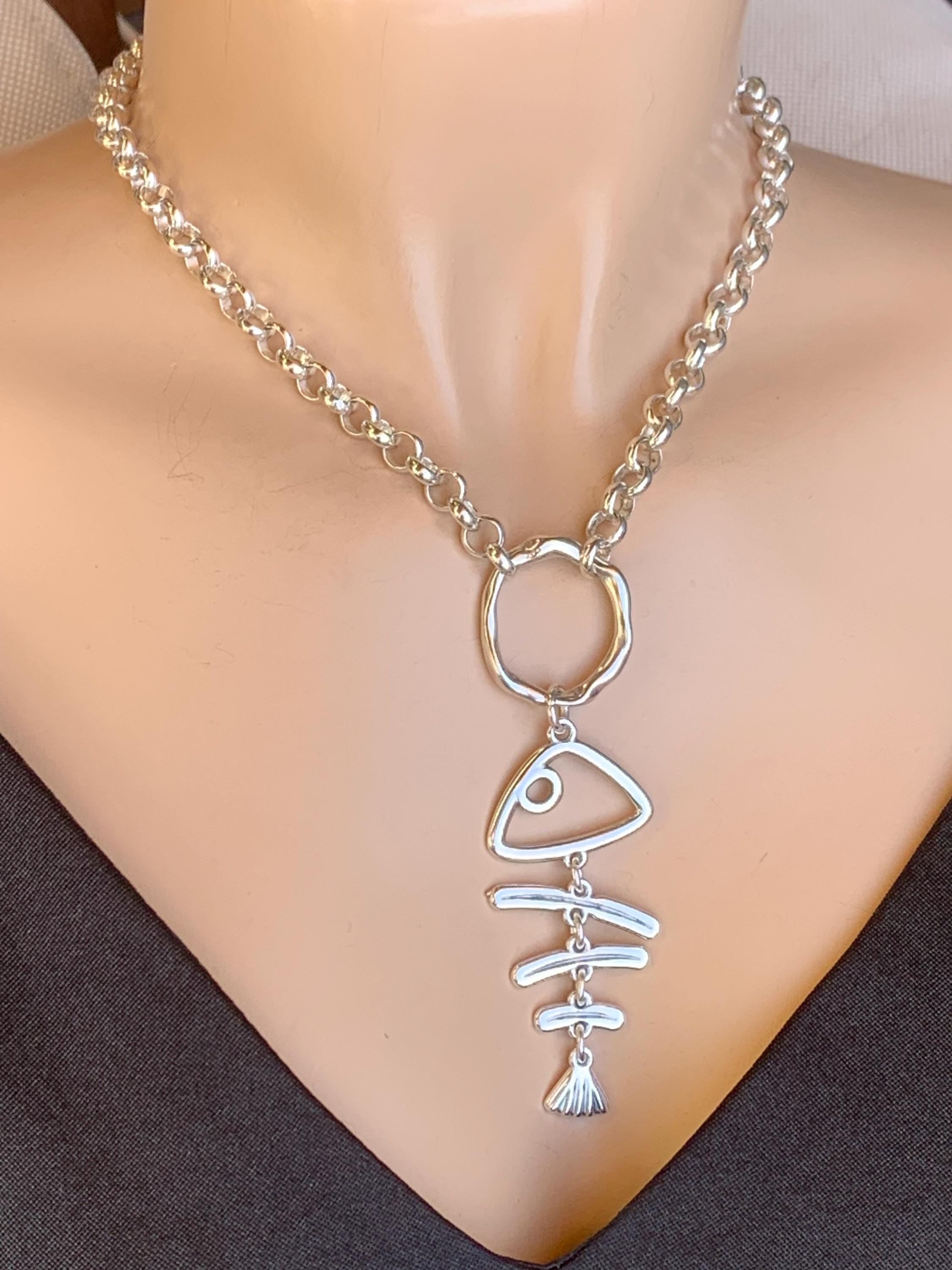 Statement pendant silver necklace, silver chain chunky pendant necklace, funny fish skeleton necklace, valentines gift, uno de 50 style,