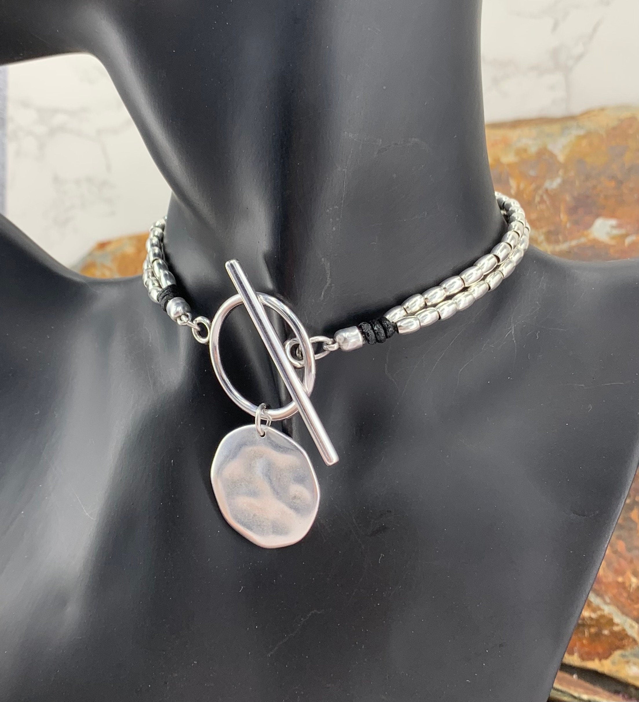 Statement circle pendant toggle necklace, silver beaded necklace, chunky toggle necklace, Wrap silver choker with big coin pendant, gift