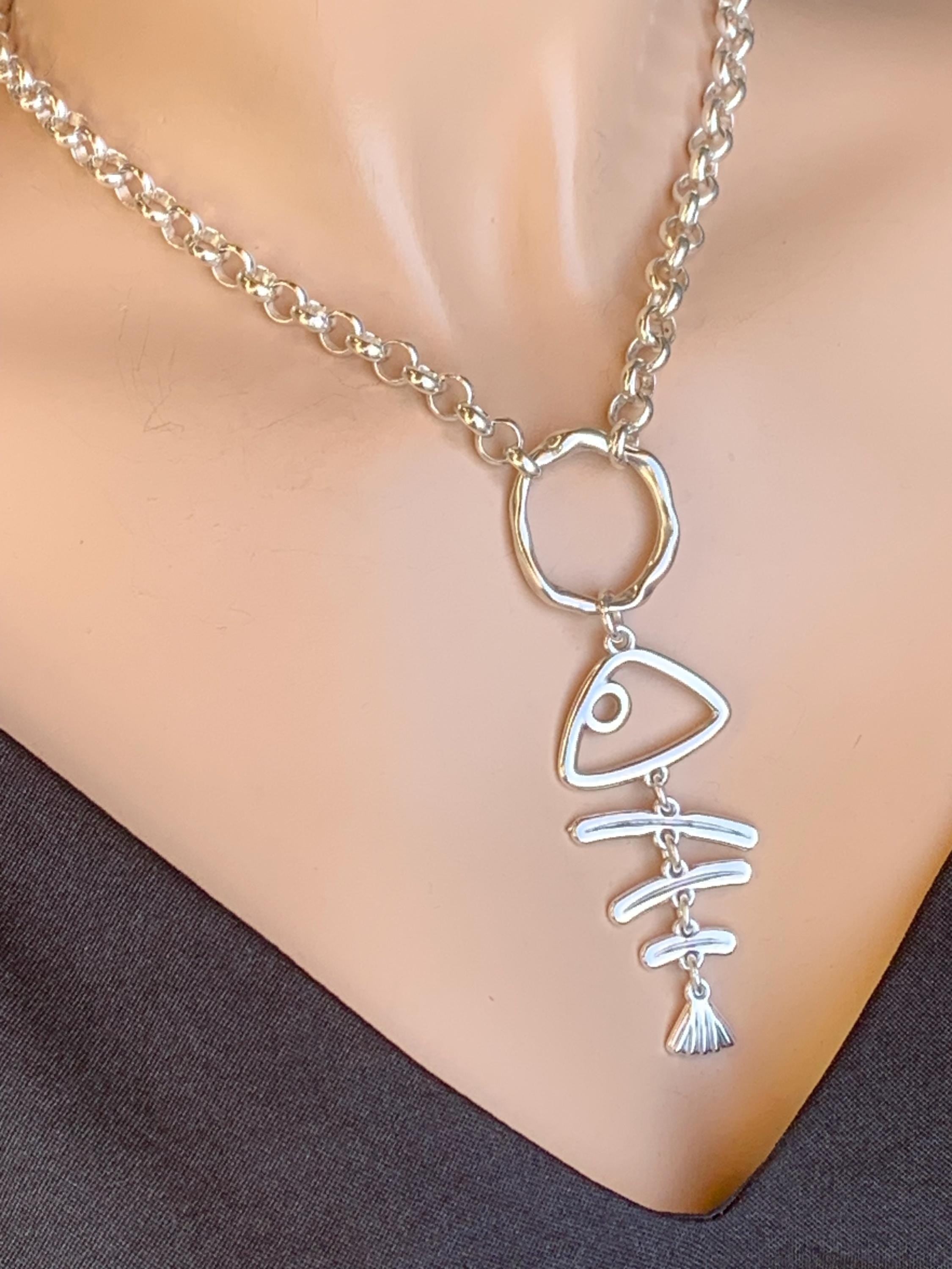 Statement pendant silver necklace, silver chain chunky pendant necklace, funny fish skeleton necklace, valentines gift, uno de 50 style,