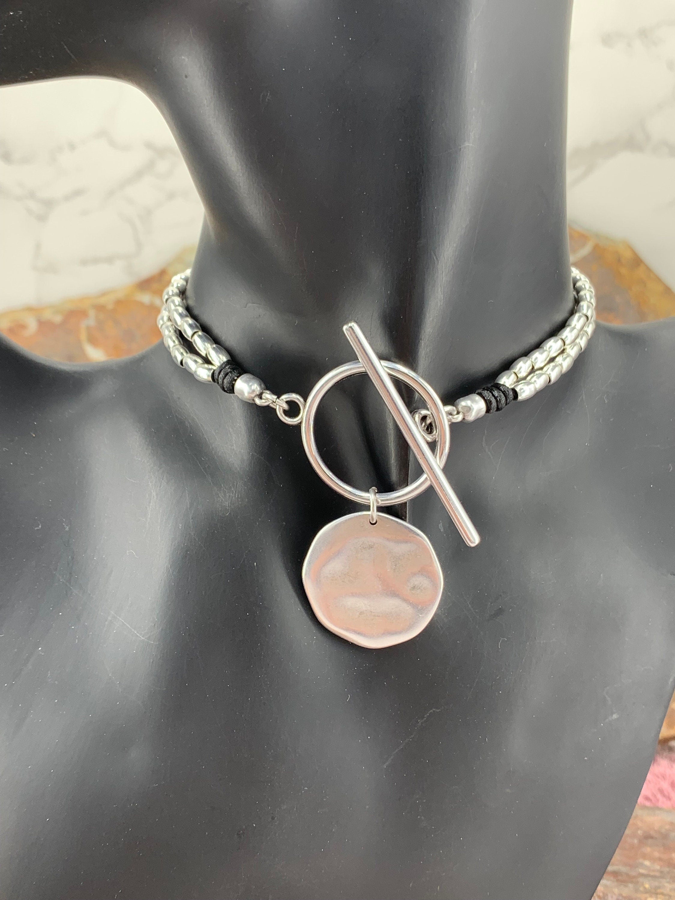 Statement circle pendant toggle necklace, silver beaded necklace, chunky toggle necklace, Wrap silver choker with big coin pendant, gift