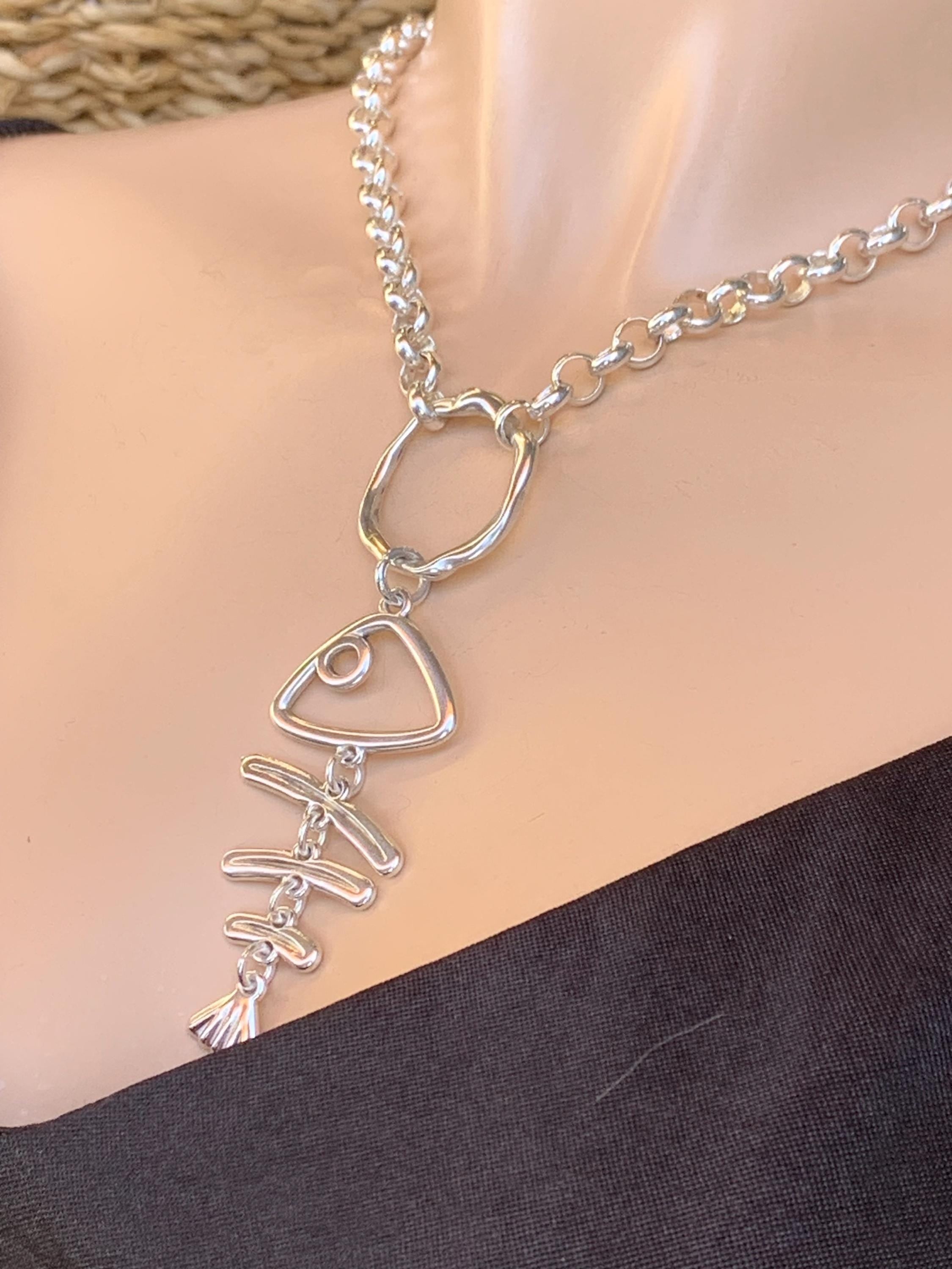Statement pendant silver necklace, silver chain chunky pendant necklace, funny fish skeleton necklace, valentines gift, uno de 50 style,
