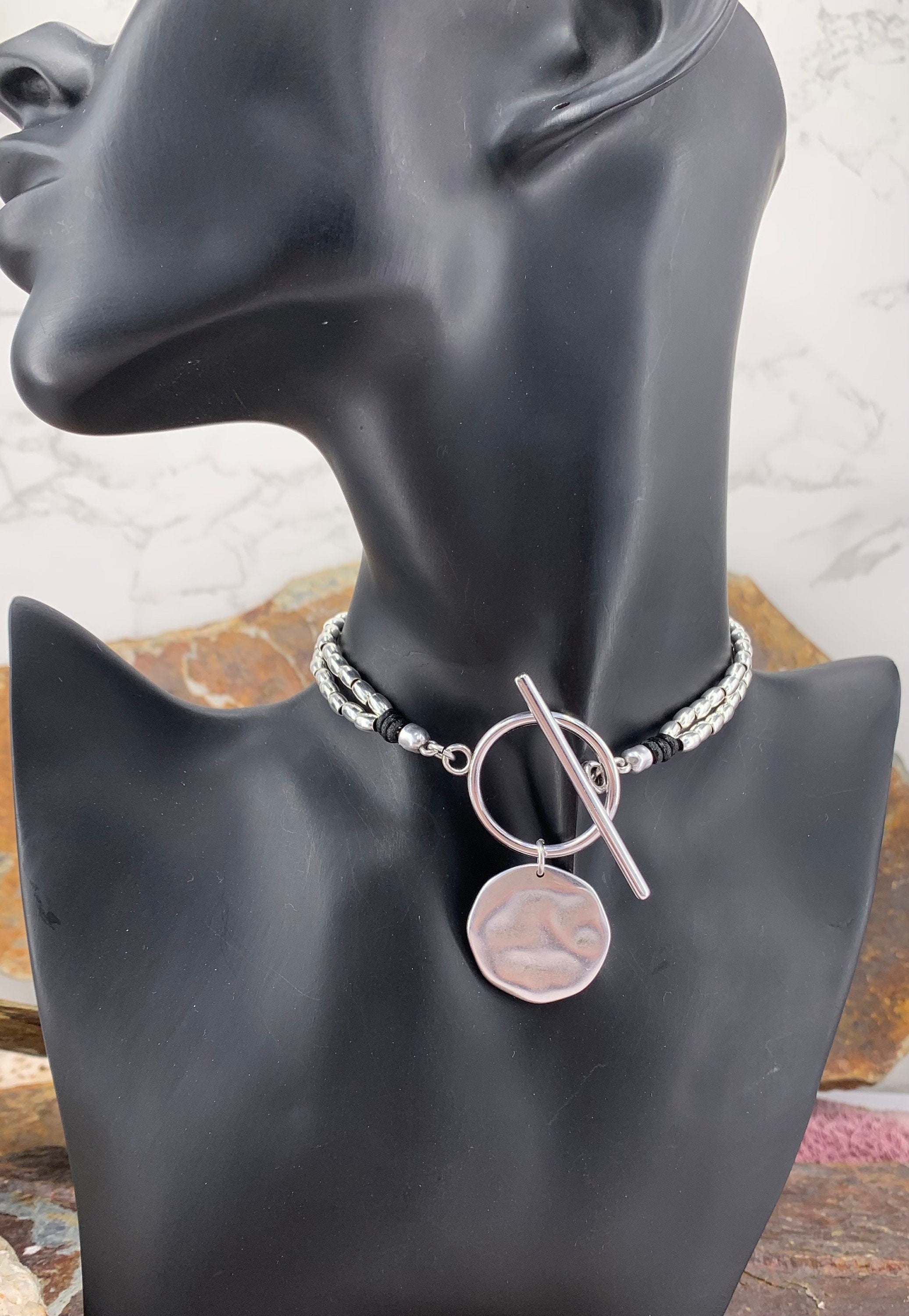 Statement circle pendant toggle necklace, silver beaded necklace, chunky toggle necklace, Wrap silver choker with big coin pendant, gift