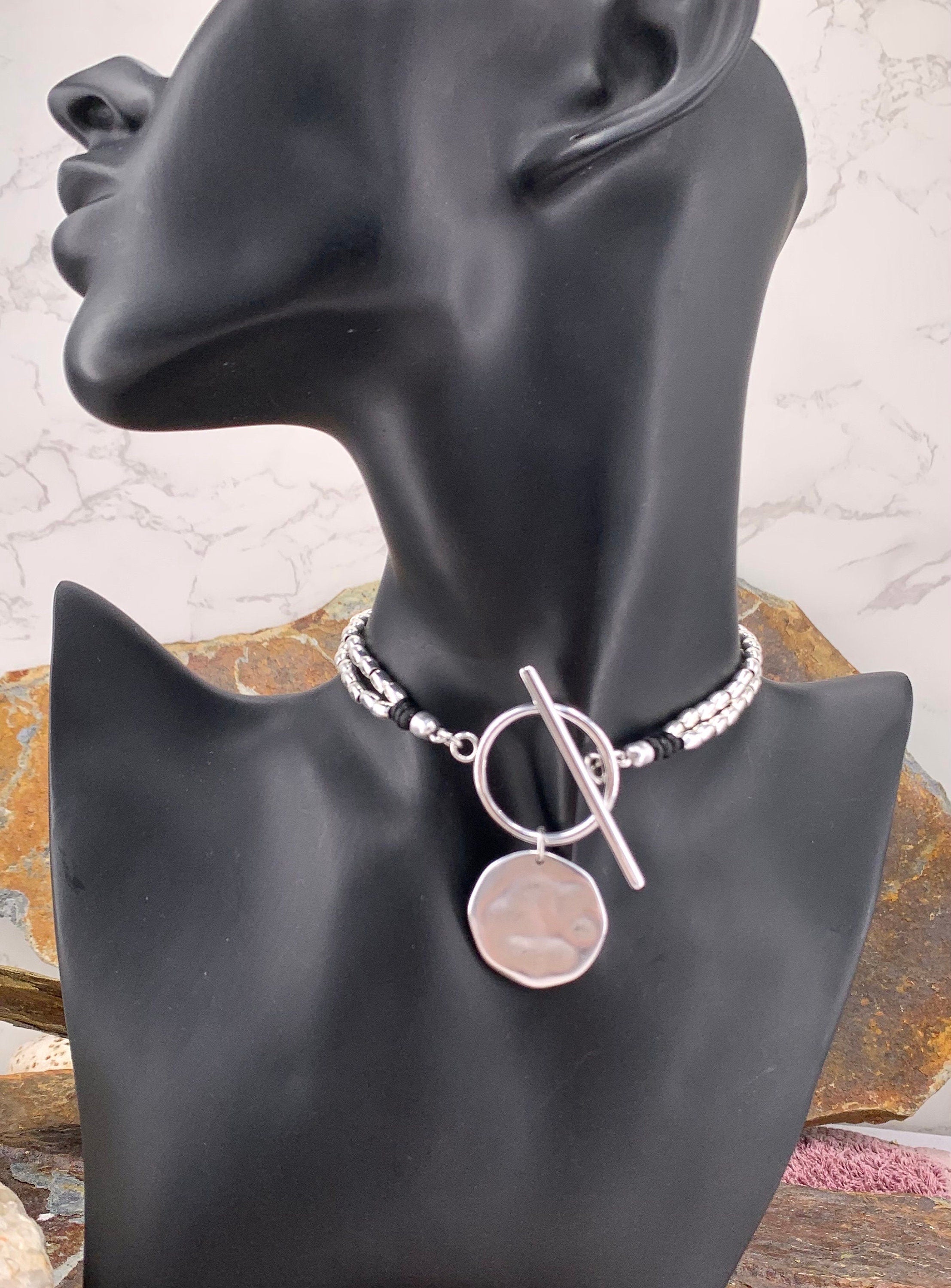 Statement circle pendant toggle necklace, silver beaded necklace, chunky toggle necklace, Wrap silver choker with big coin pendant, gift