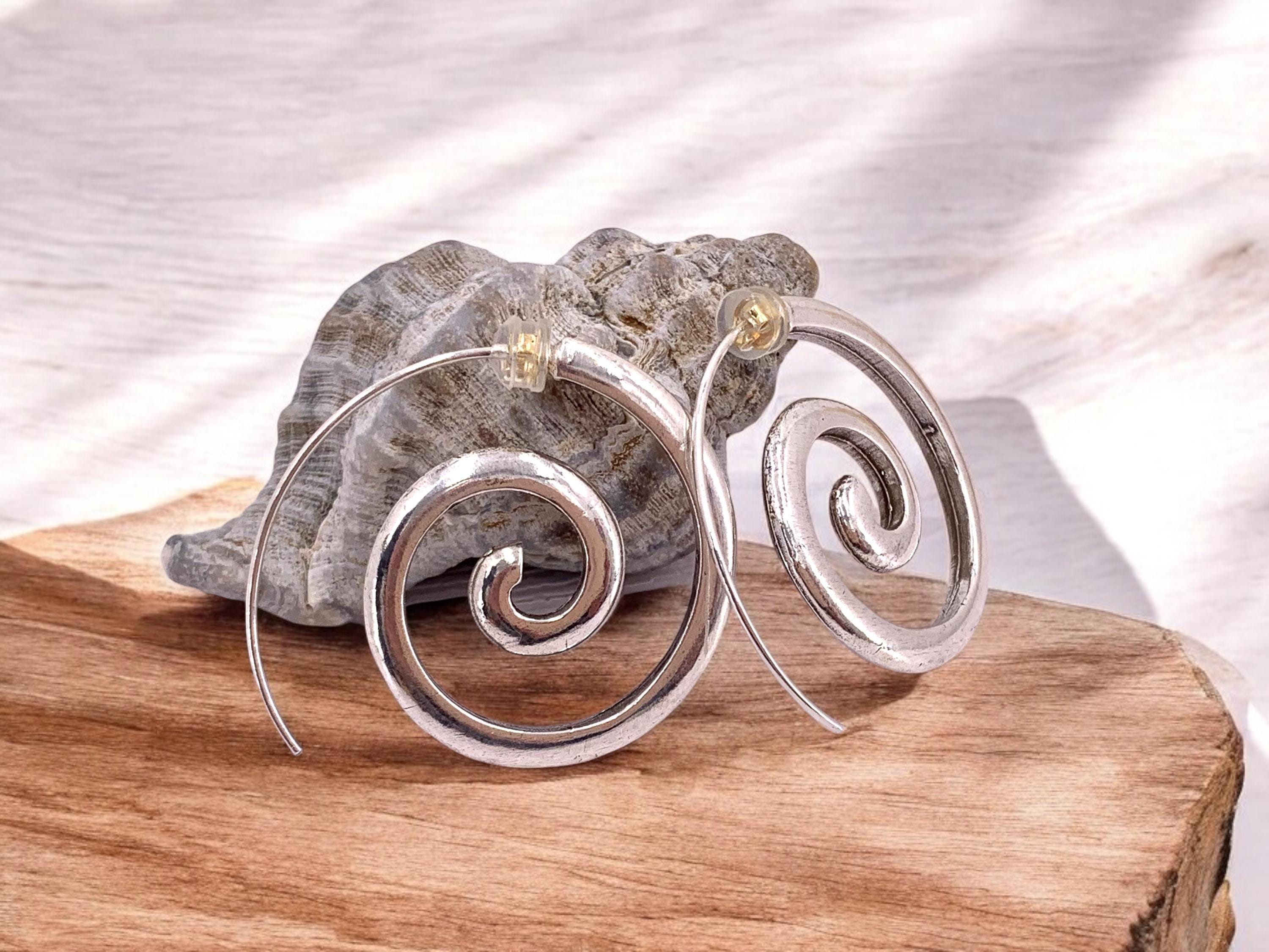 Pendientes de espiral de plata gruesa, pendientes de plata de estilo étnico, pendientes llamativos, pendientes de aro grandes boho,