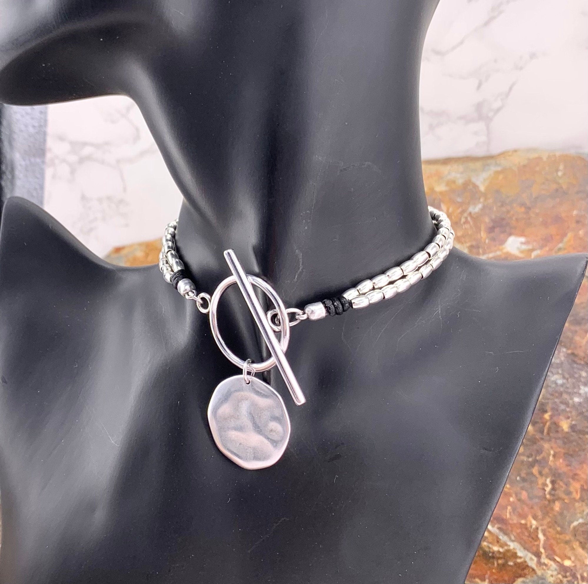 Statement circle pendant toggle necklace, silver beaded necklace, chunky toggle necklace, Wrap silver choker with big coin pendant, gift