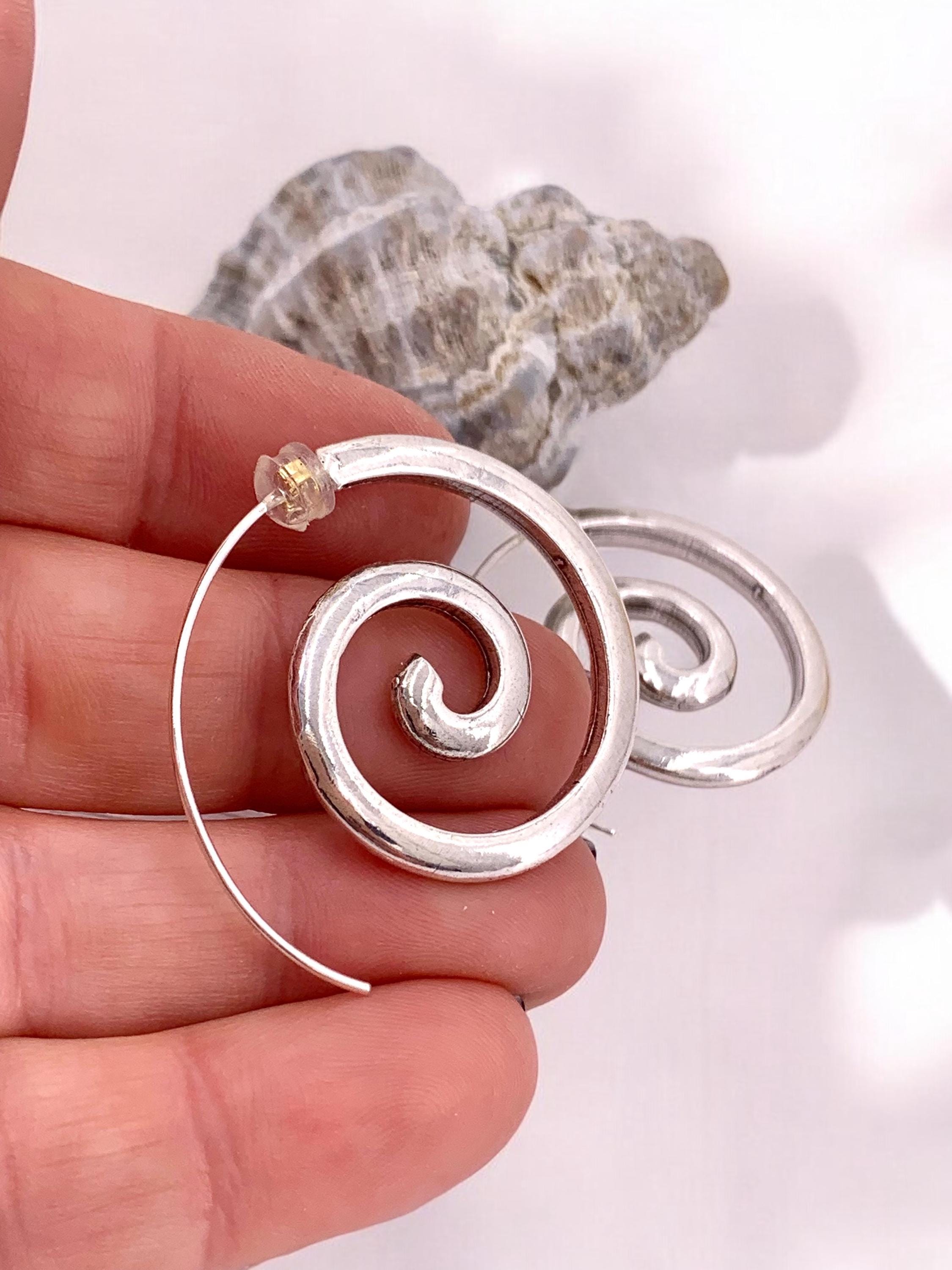 Pendientes de espiral de plata gruesa, pendientes de plata de estilo étnico, pendientes llamativos, pendientes de aro grandes boho,