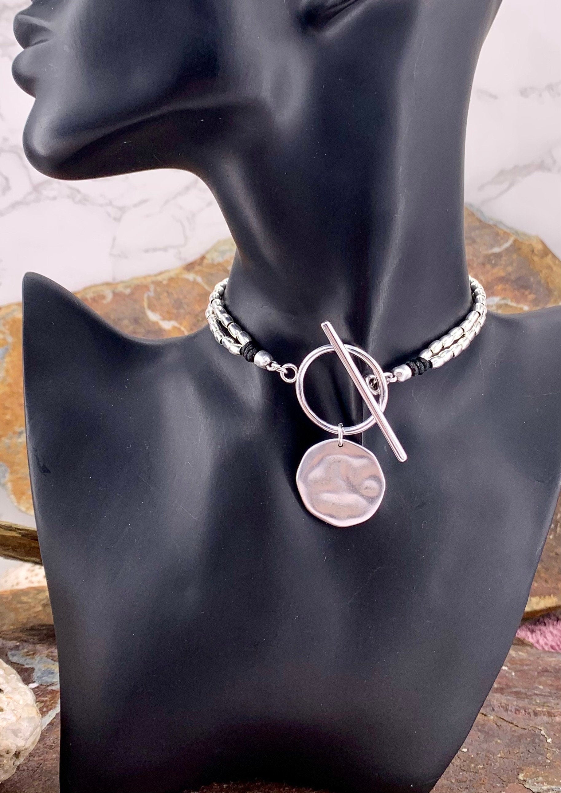 Statement circle pendant toggle necklace, silver beaded necklace, chunky toggle necklace, Wrap silver choker with big coin pendant, gift