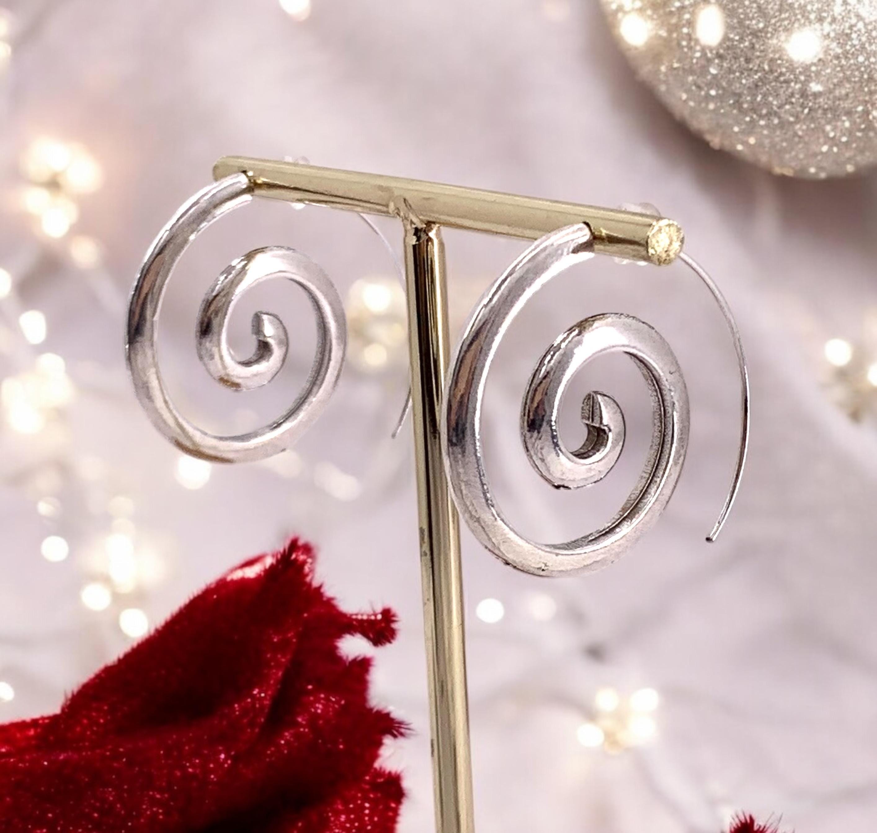 Pendientes de espiral de plata gruesa, pendientes de plata de estilo étnico, pendientes llamativos, pendientes de aro grandes boho,