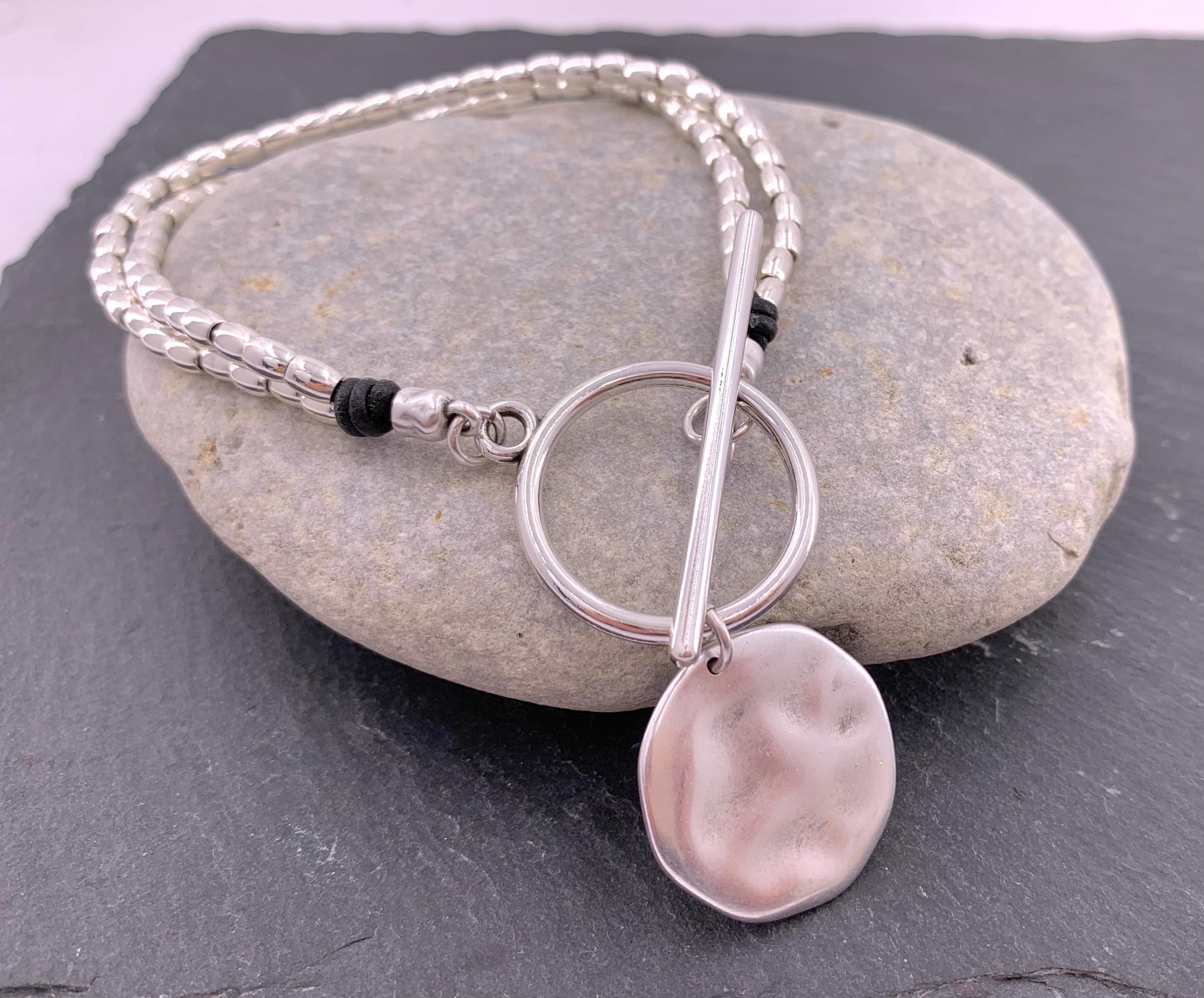 Statement circle pendant toggle necklace, silver beaded necklace, chunky toggle necklace, Wrap silver choker with big coin pendant, gift