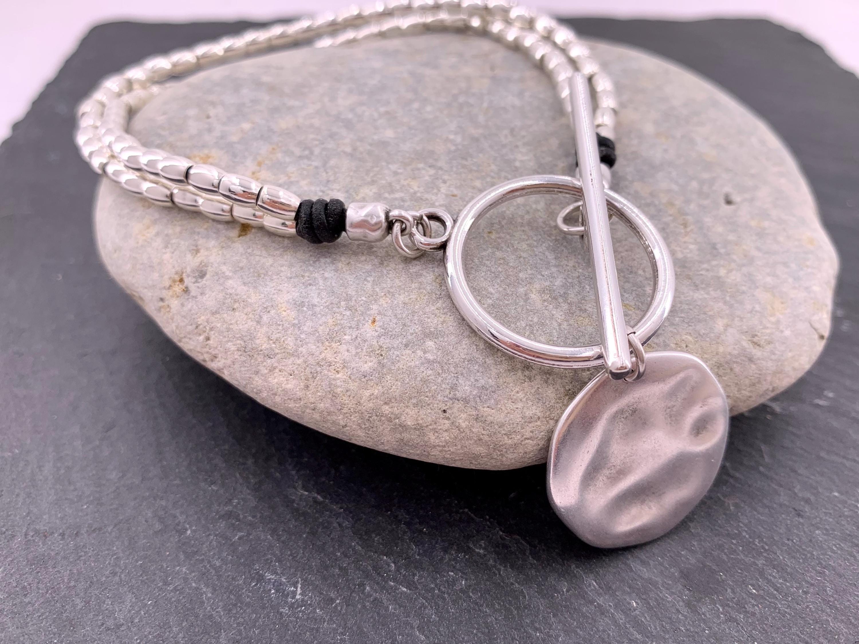 Statement circle pendant toggle necklace, silver beaded necklace, chunky toggle necklace, Wrap silver choker with big coin pendant, gift