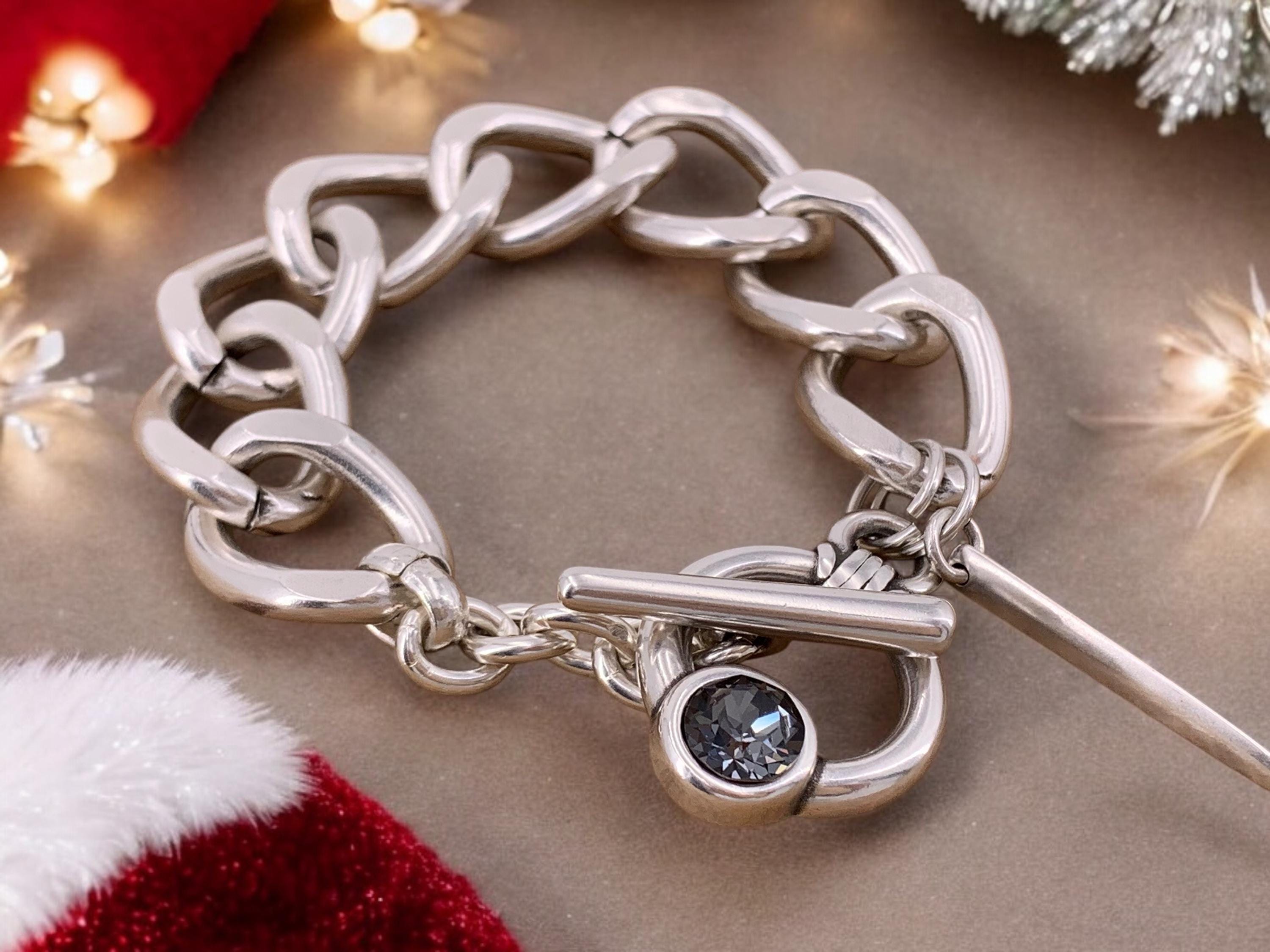 Chunky Silver plated bold Chain Bracelet, Toggle Clasp cuff with Swarovski Crystal