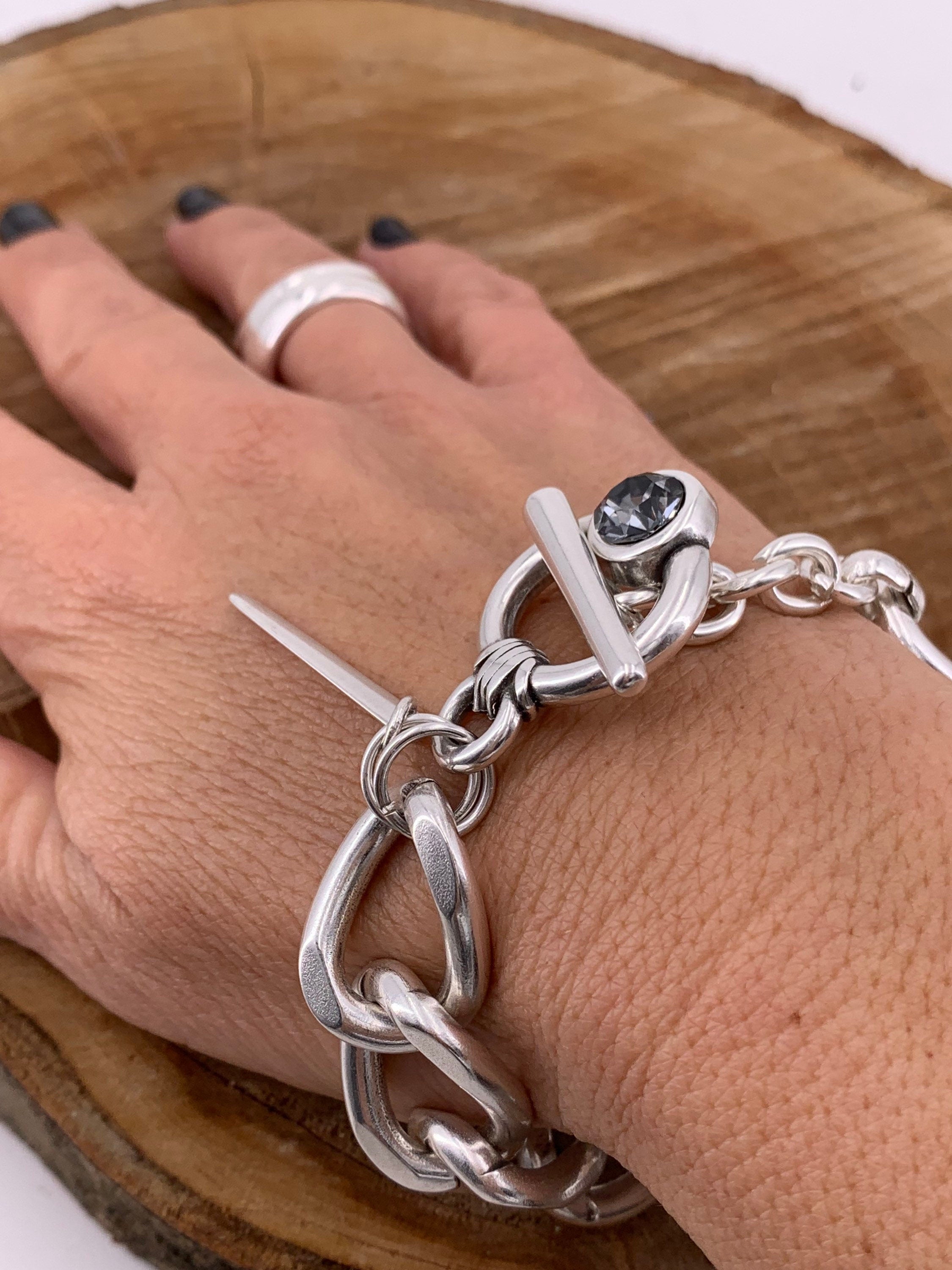 Chunky Silver plated bold Chain Bracelet, Toggle Clasp cuff with Swarovski Crystal