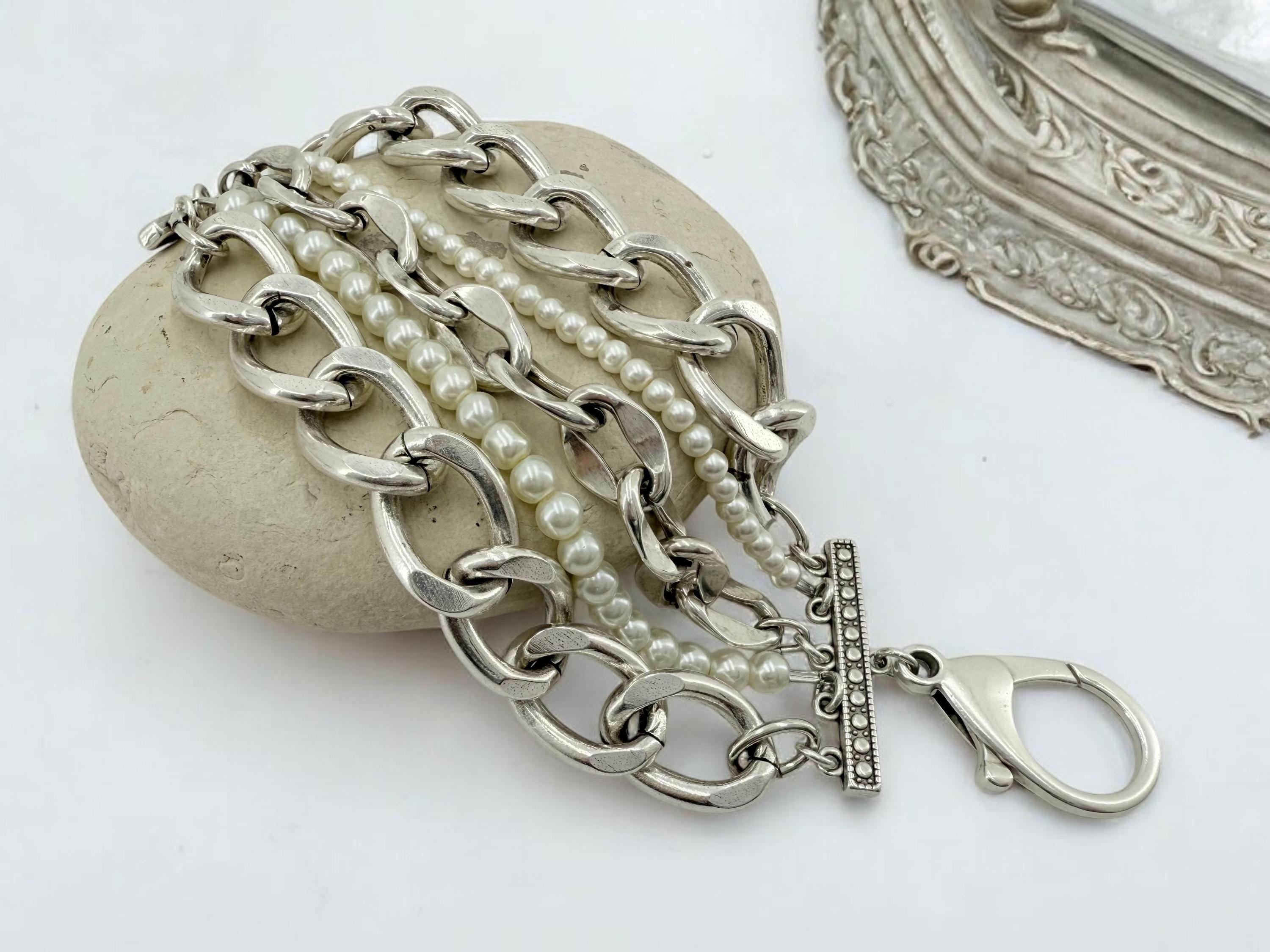 Multi standard Chunky Silver chain and pearls bracelet, vintage big link bracelet, very heavyweight bracelet, thick bracelet, pearl bracelet