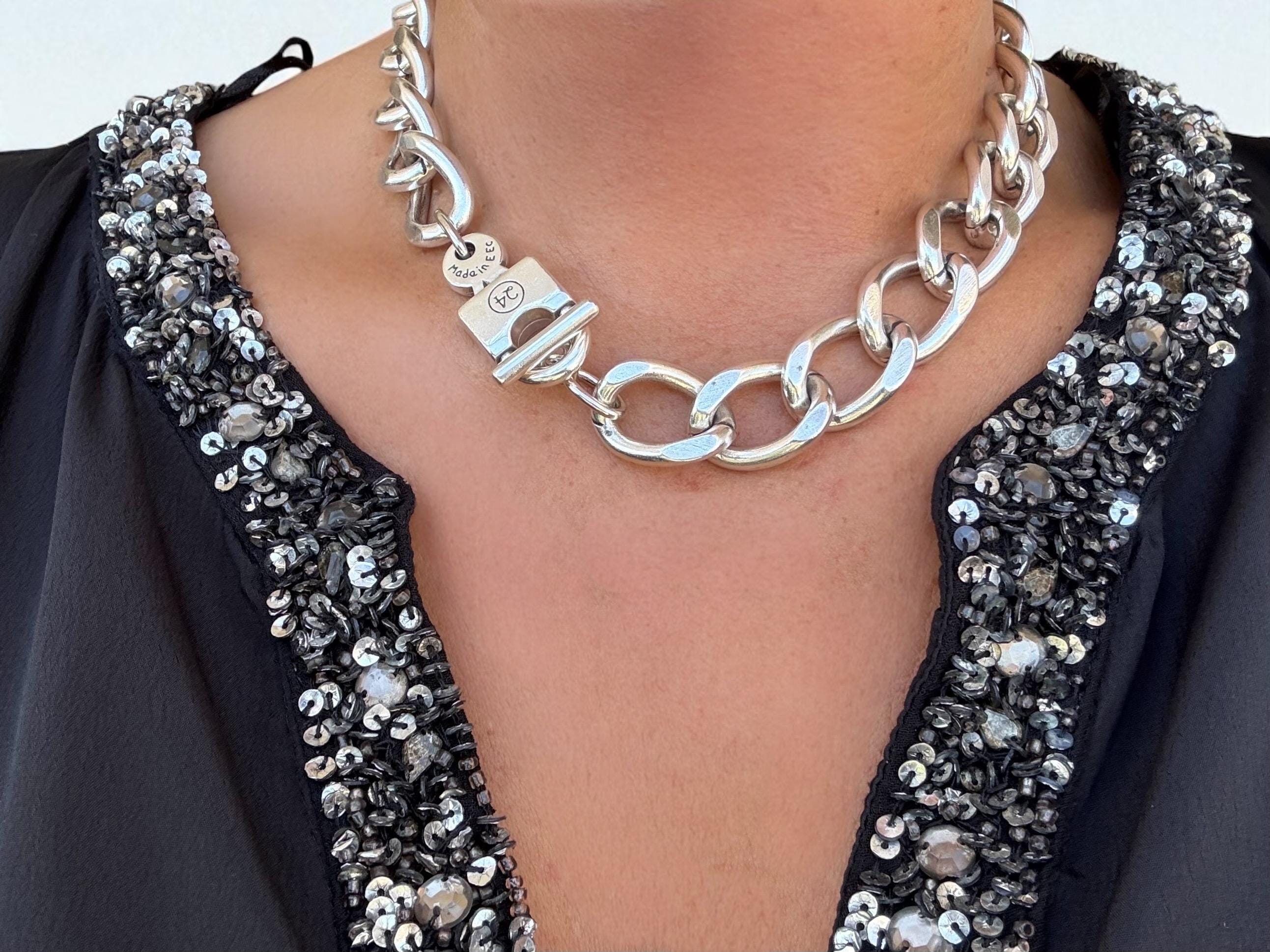 Spectacular chunky silver big link chain necklace, thick silver chain padlock necklace, big curb chain necklace, heavyweight toggle necklace