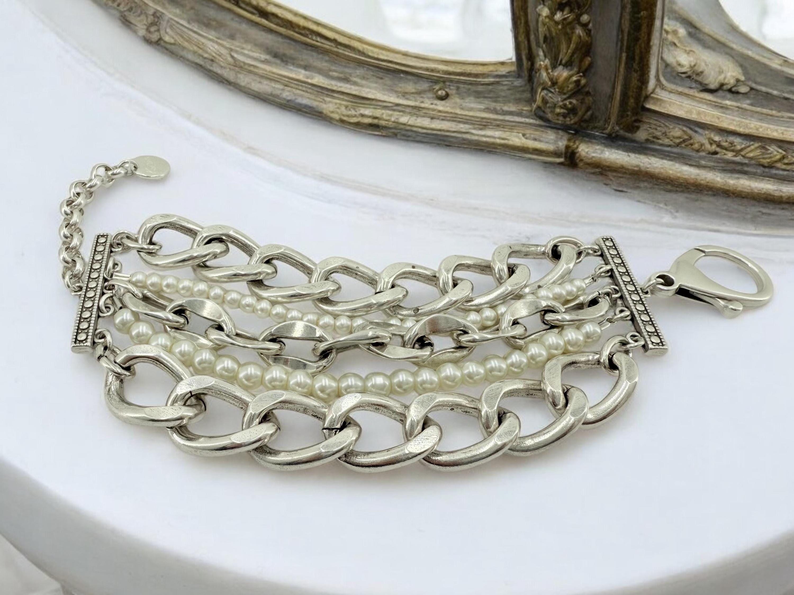Multi standard Chunky Silver chain and pearls bracelet, vintage big link bracelet, very heavyweight bracelet, thick bracelet, pearl bracelet