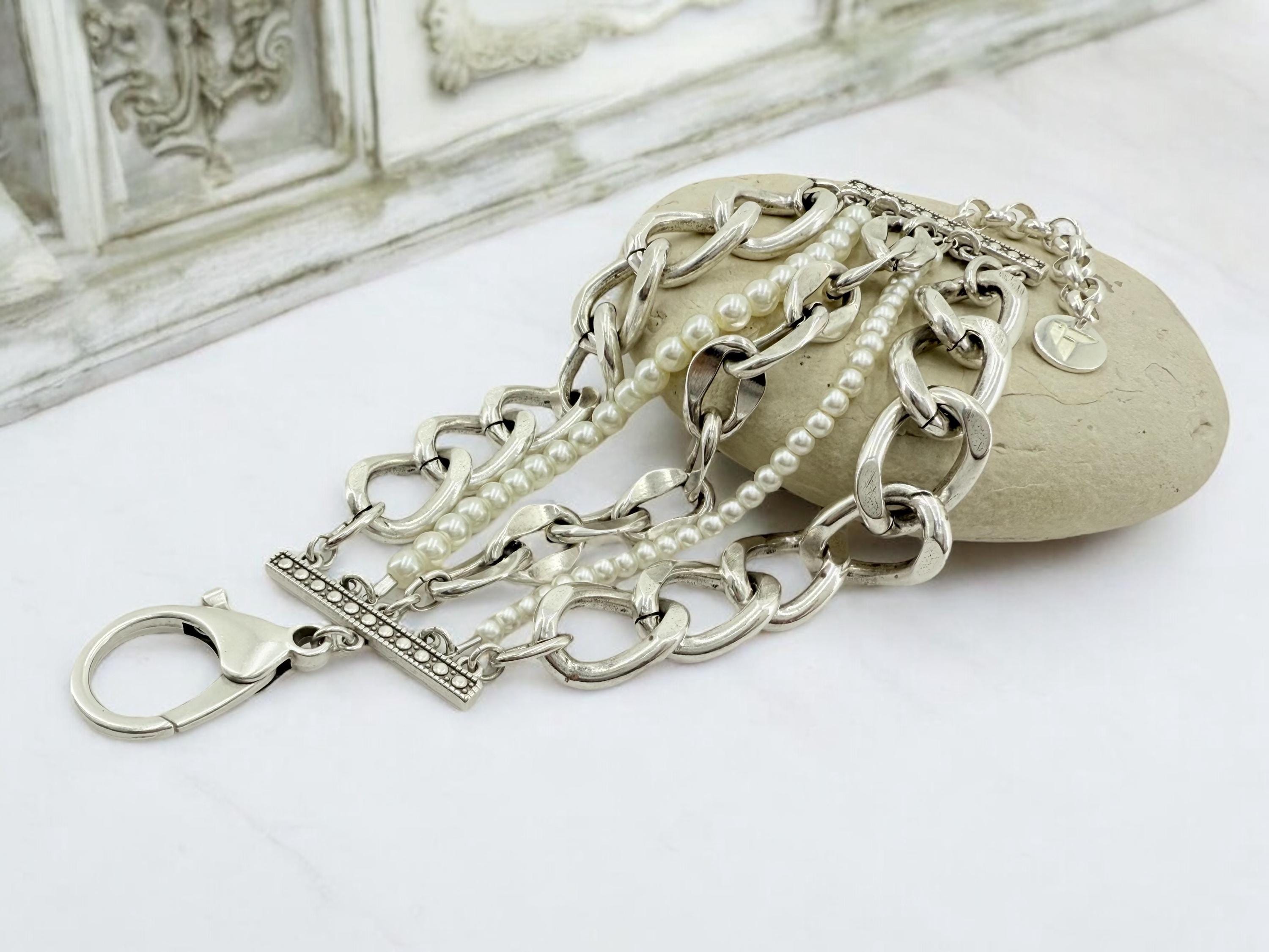 Multi standard Chunky Silver chain and pearls bracelet, vintage big link bracelet, very heavyweight bracelet, thick bracelet, pearl bracelet