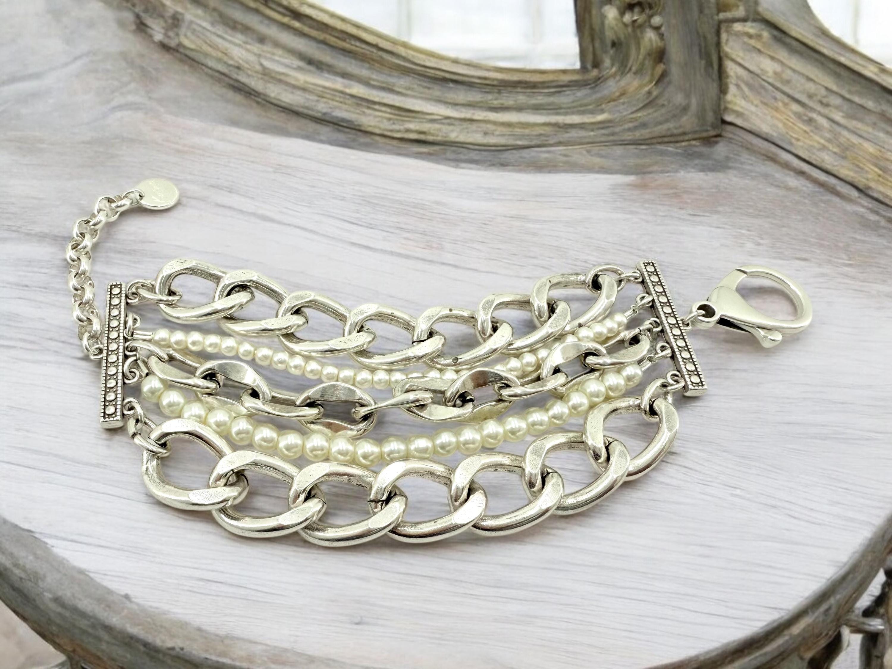 Multi standard Chunky Silver chain and pearls bracelet, vintage big link bracelet, very heavyweight bracelet, thick bracelet, pearl bracelet