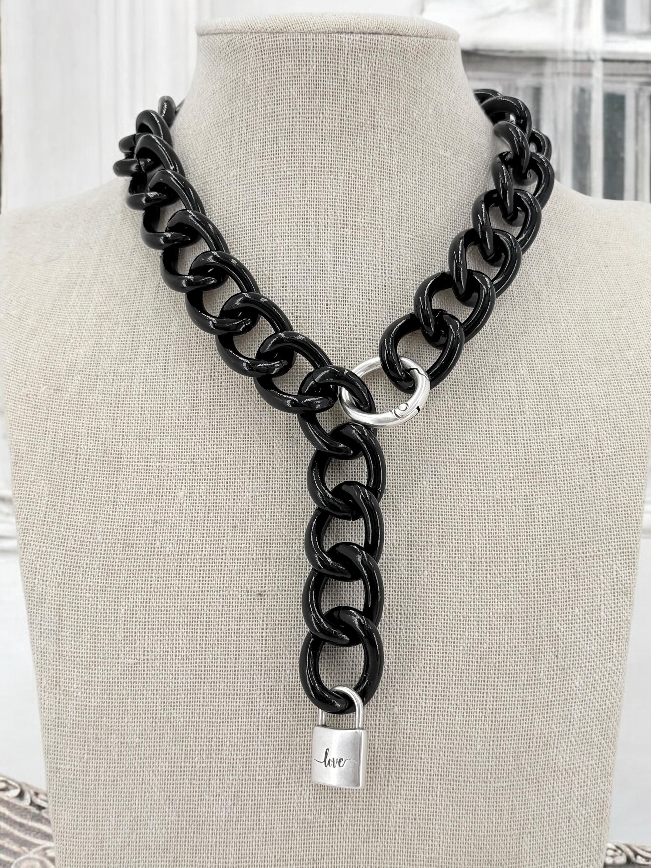 Chunky aluminum black chain lariat necklace with padlock pendant, black chain necklace, lightweight necklace, adjustable bulky necklace,