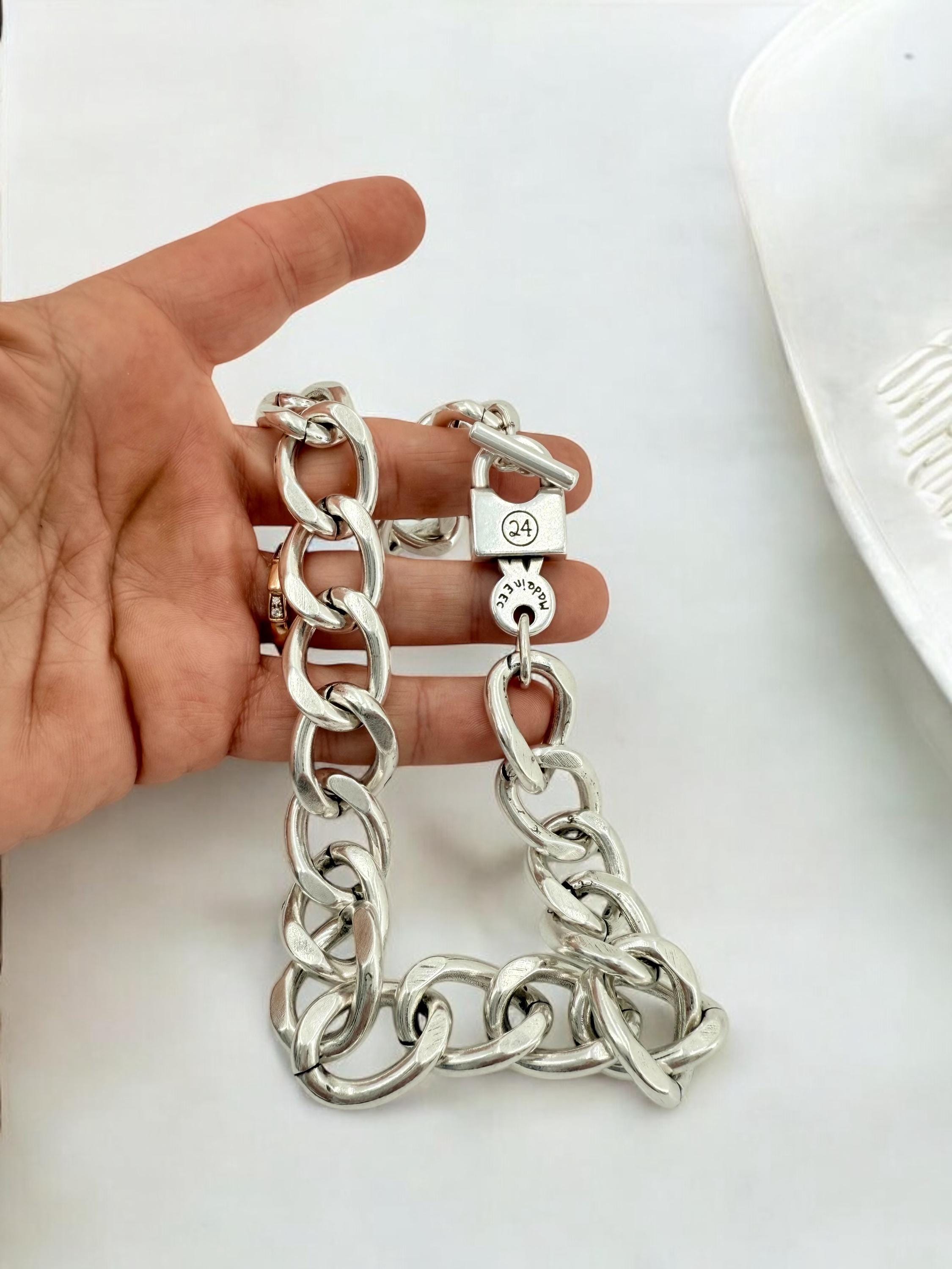 Spectacular chunky silver big link chain necklace, thick silver chain padlock necklace, big curb chain necklace, heavyweight toggle necklace