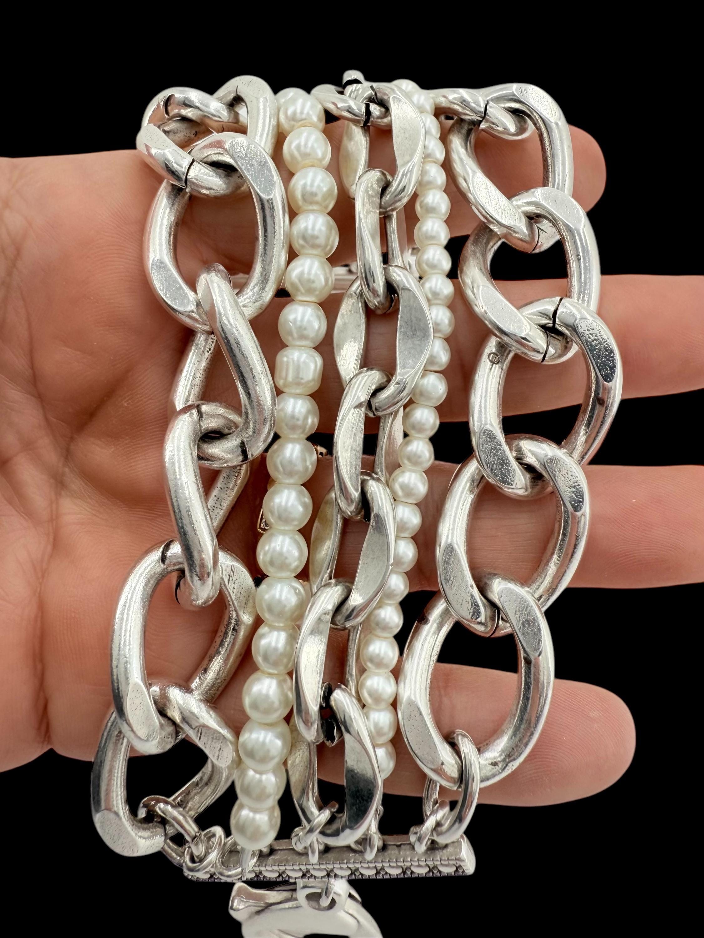 Multi standard Chunky Silver chain and pearls bracelet, vintage big link bracelet, very heavyweight bracelet, thick bracelet, pearl bracelet