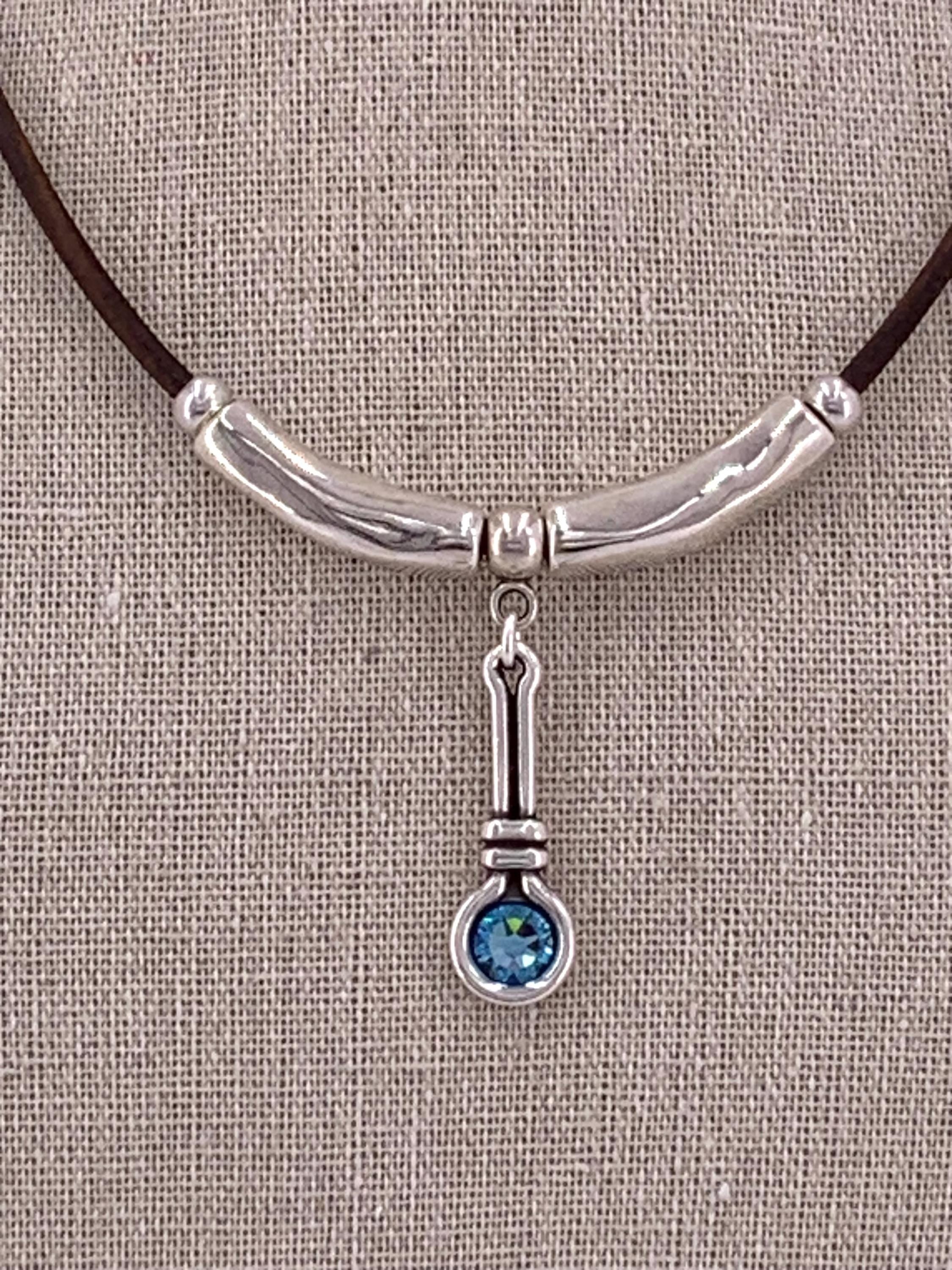 Leather necklace with silver beads and Swarovski crystal pendant, gift for her, uno de 50 style, silver pendant leather choker