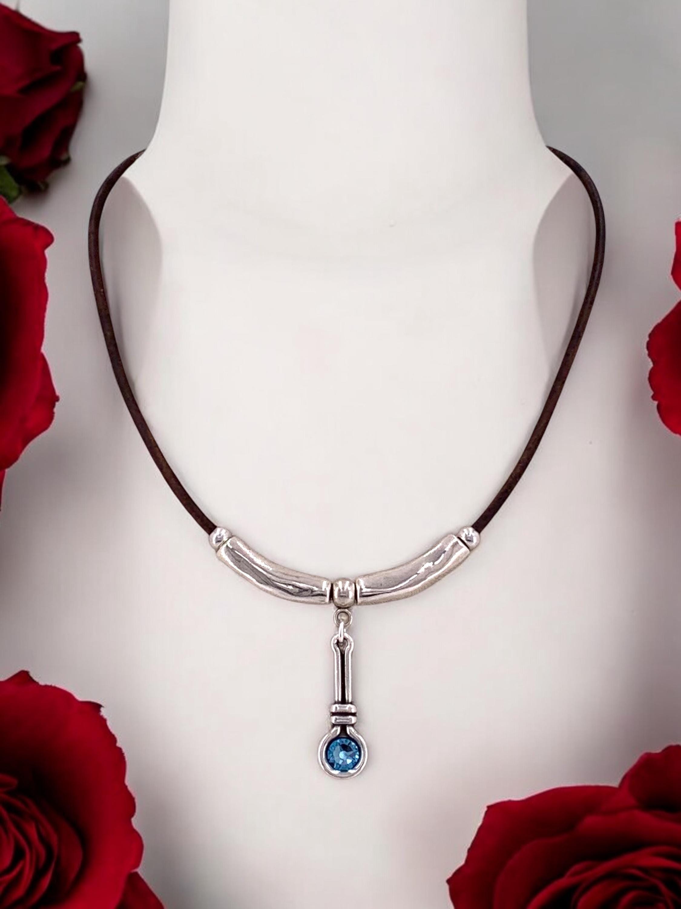 Leather necklace with silver beads and Swarovski crystal pendant, gift for her, uno de 50 style, silver pendant leather choker