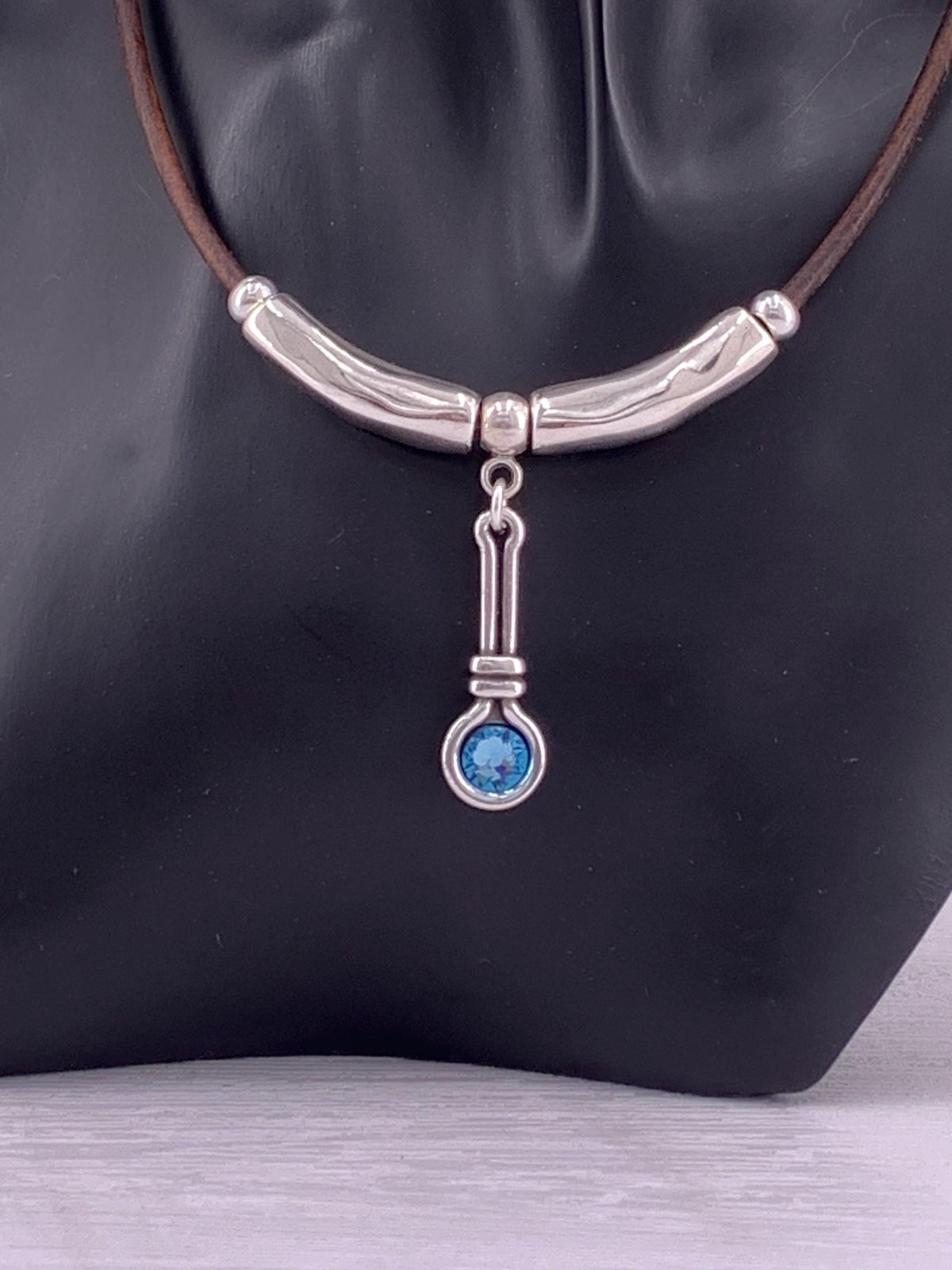 Leather necklace with silver beads and Swarovski crystal pendant, gift for her, uno de 50 style, silver pendant leather choker