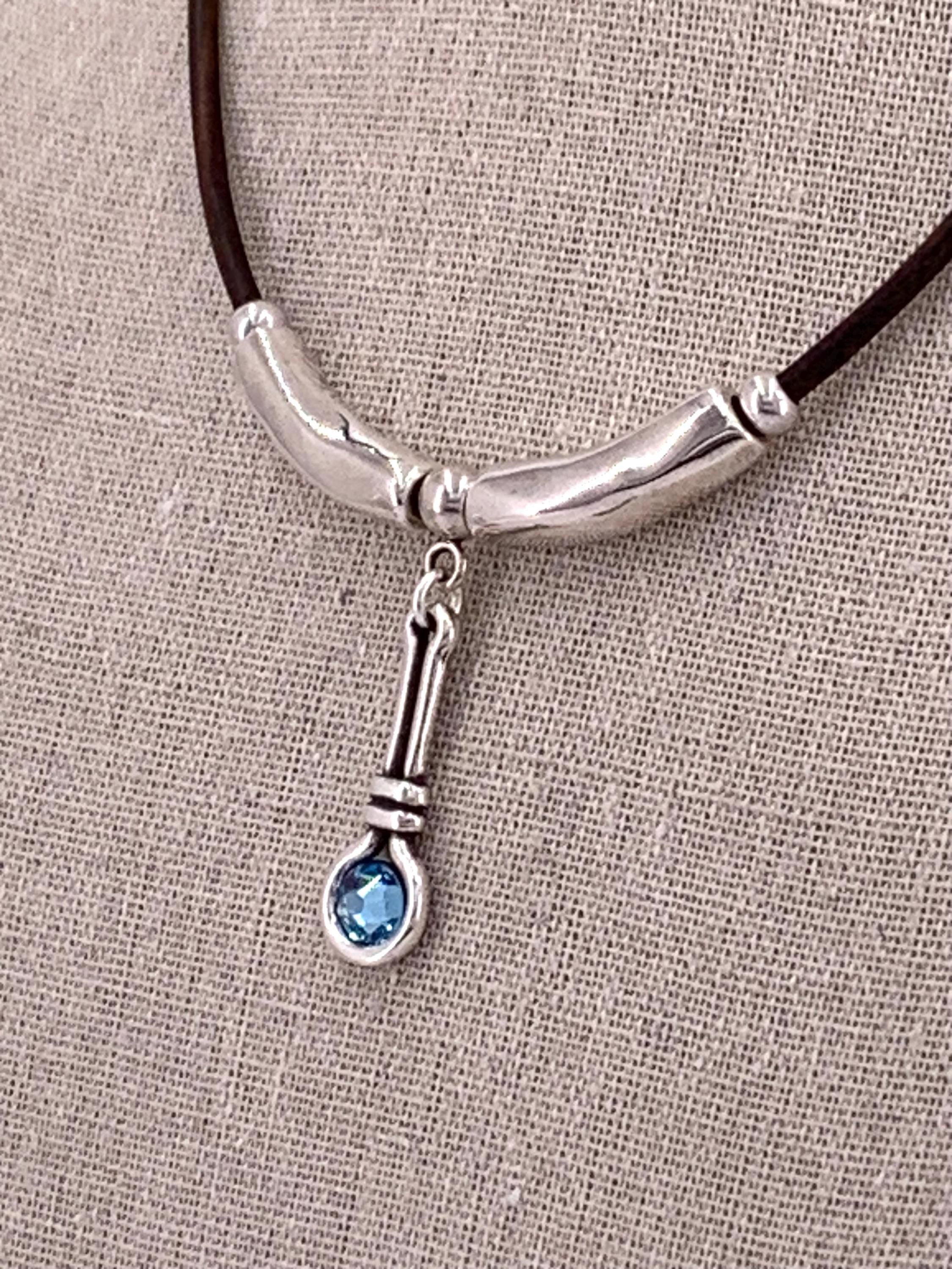 Leather necklace with silver beads and Swarovski crystal pendant, gift for her, uno de 50 style, silver pendant leather choker