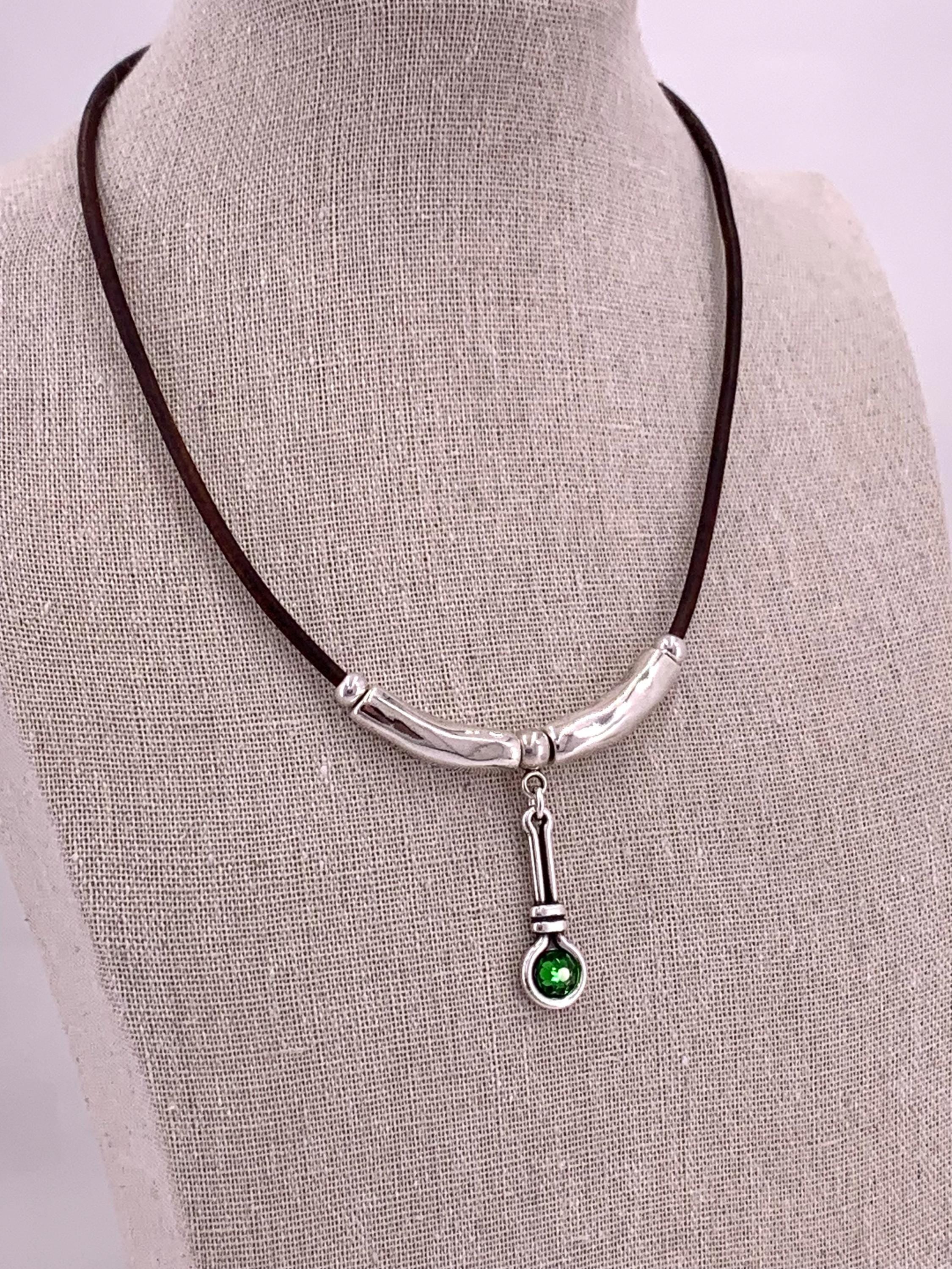 Leather necklace with silver beads and Swarovski crystal pendant, gift for her, uno de 50 style, silver pendant leather choker