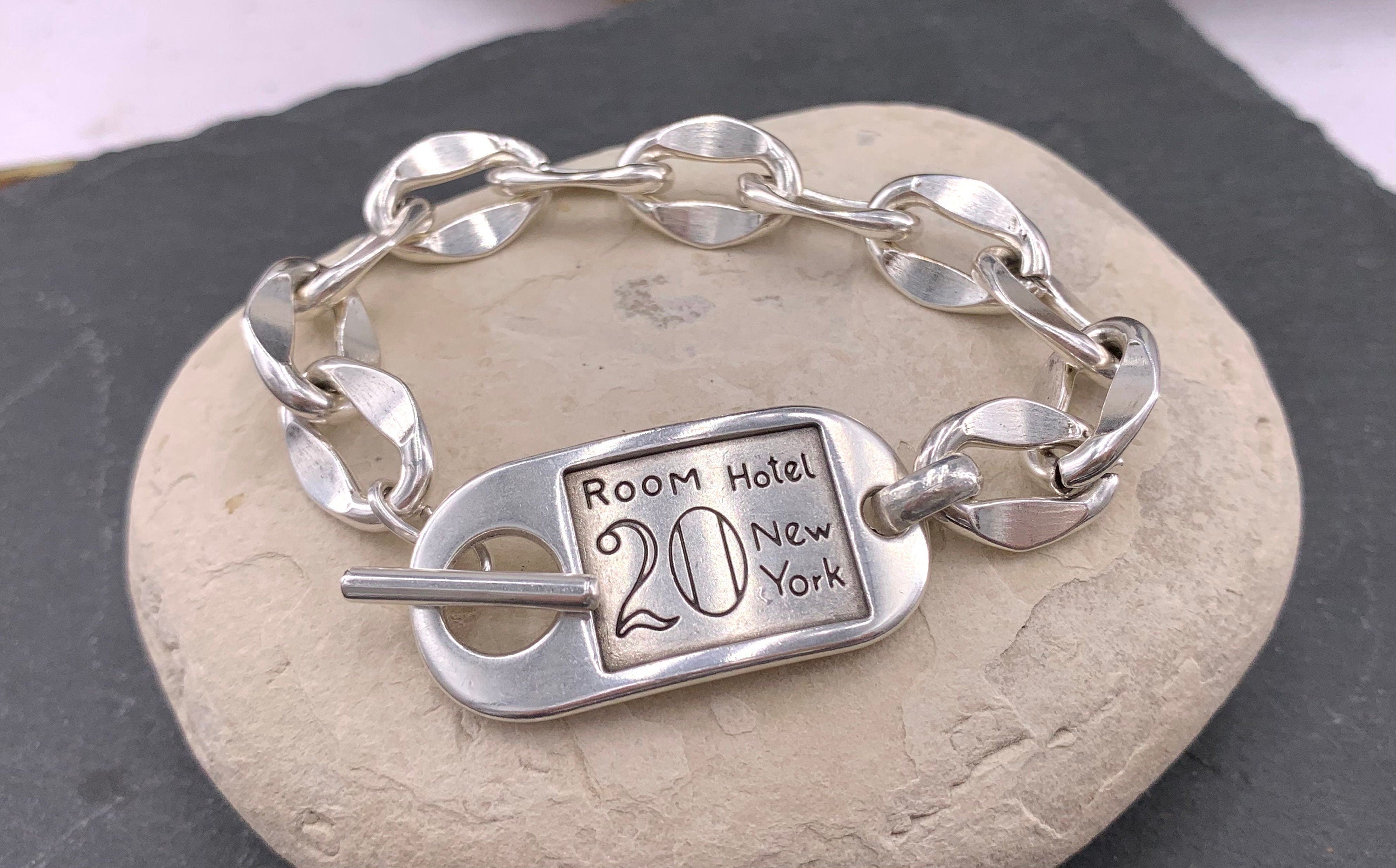 Chunky Silver Chain bold Bracelet with ID Tag Toggle Clasp, Heavy industrial Handmade Jewelry