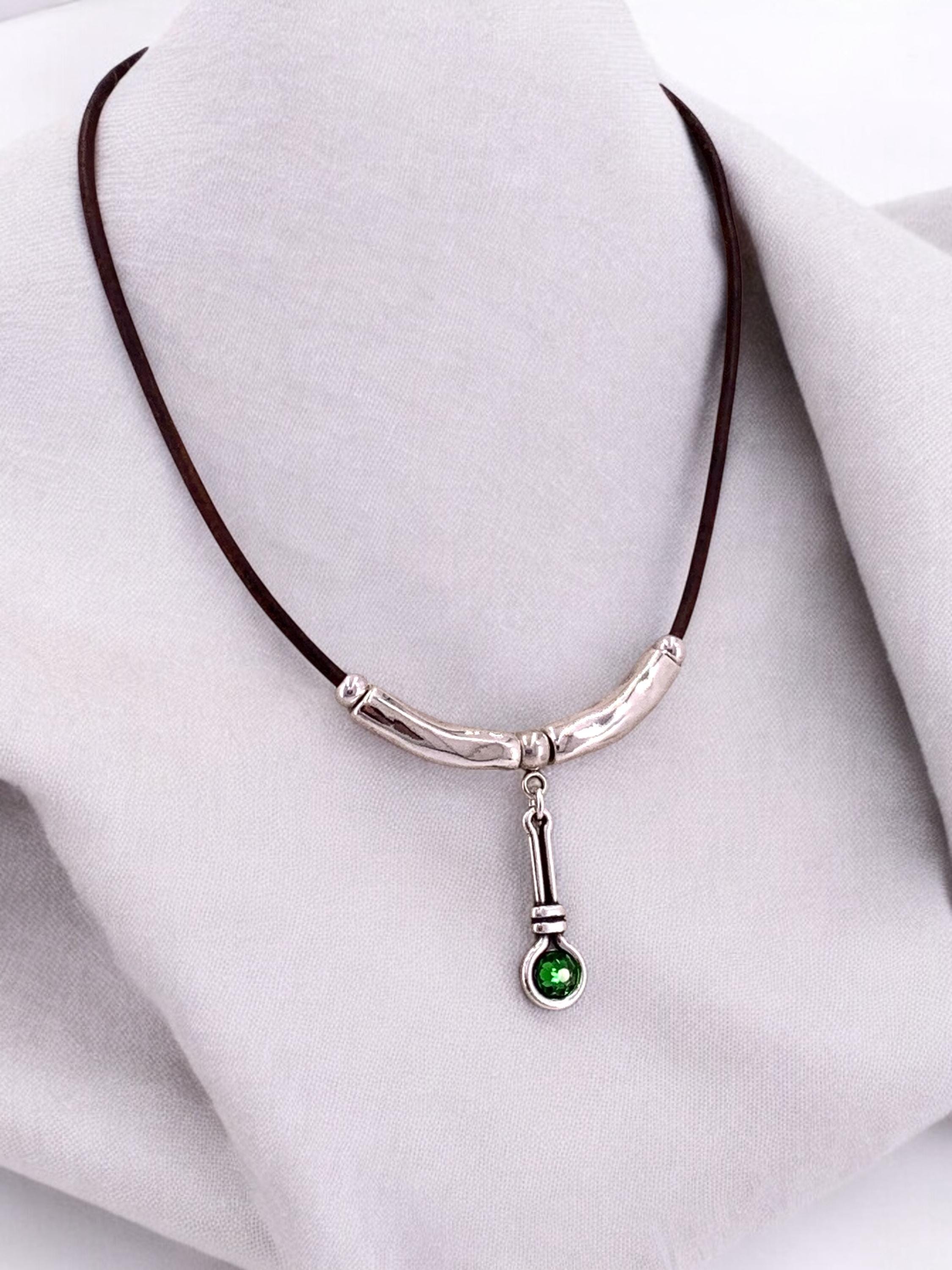 Leather necklace with silver beads and Swarovski crystal pendant, gift for her, uno de 50 style, silver pendant leather choker