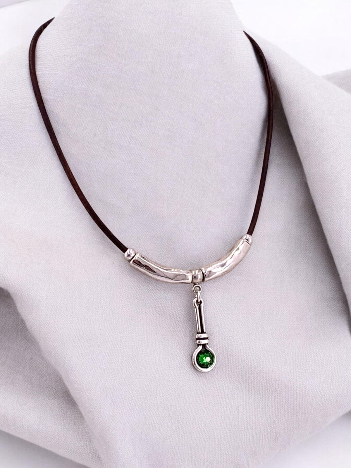 Leather necklace with silver beads and Swarovski crystal pendant, gift for her, uno de 50 style, silver pendant leather choker