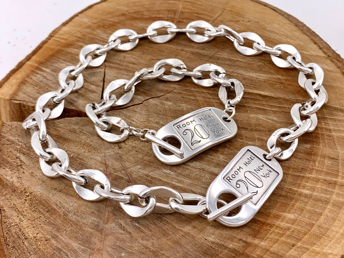 Chunky Silver Chain bold Bracelet with ID Tag Toggle Clasp, Heavy industrial Handmade Jewelry