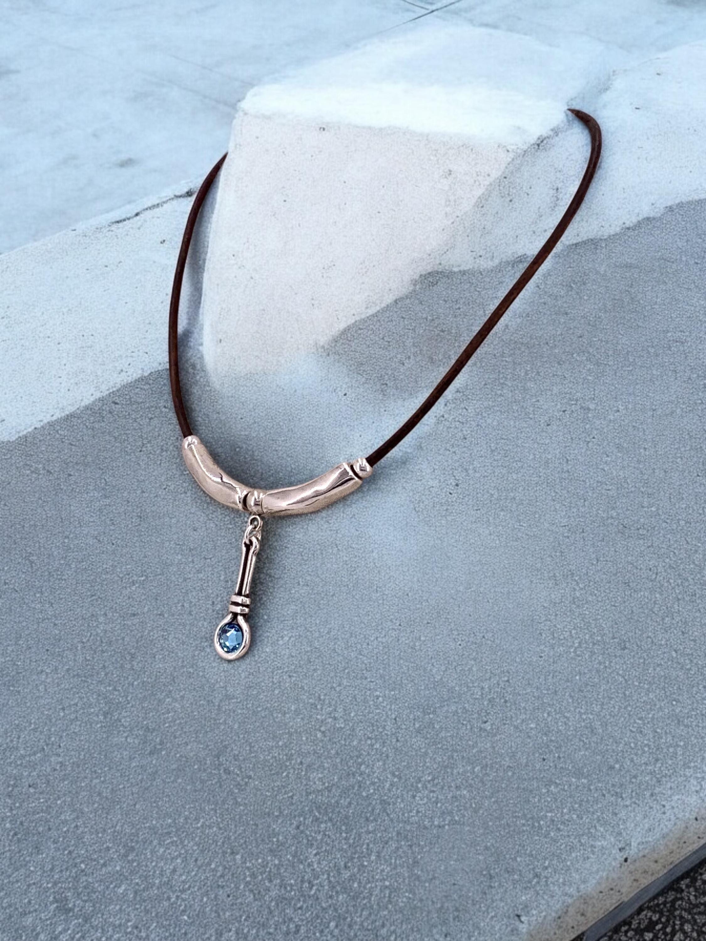 Leather necklace with silver beads and Swarovski crystal pendant, gift for her, uno de 50 style, silver pendant leather choker