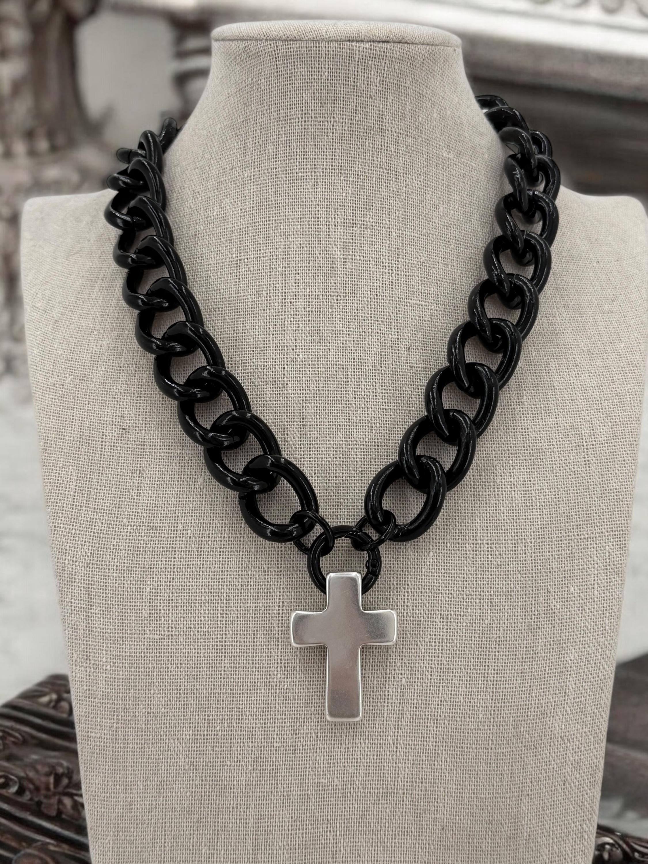 Chunky black Cuban curb chain necklace with bulky cross pendant, statement chain necklace, lightweight necklace, cross pendant necklace