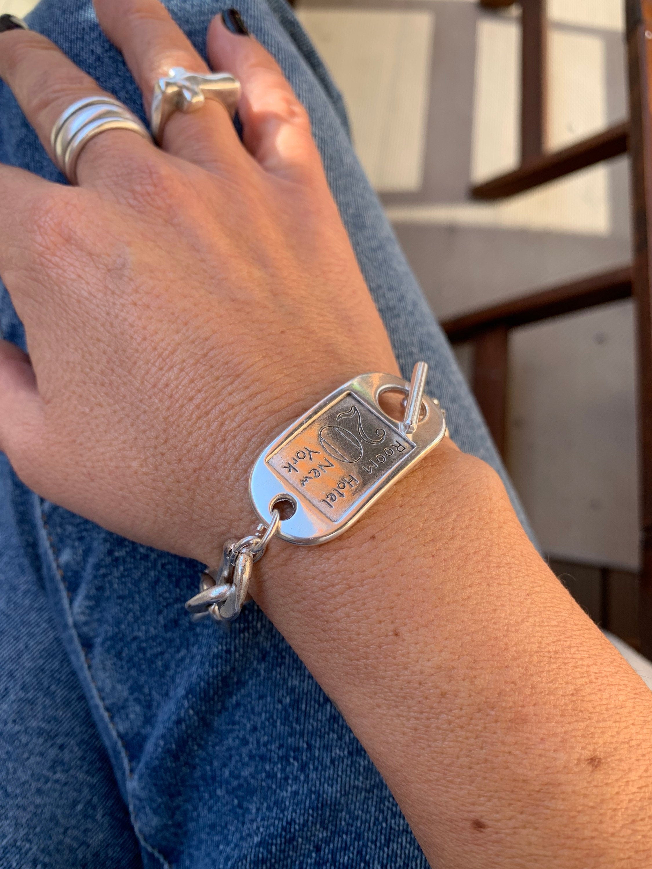 Chunky Silver Chain bold Bracelet with ID Tag Toggle Clasp, Heavy industrial Handmade Jewelry