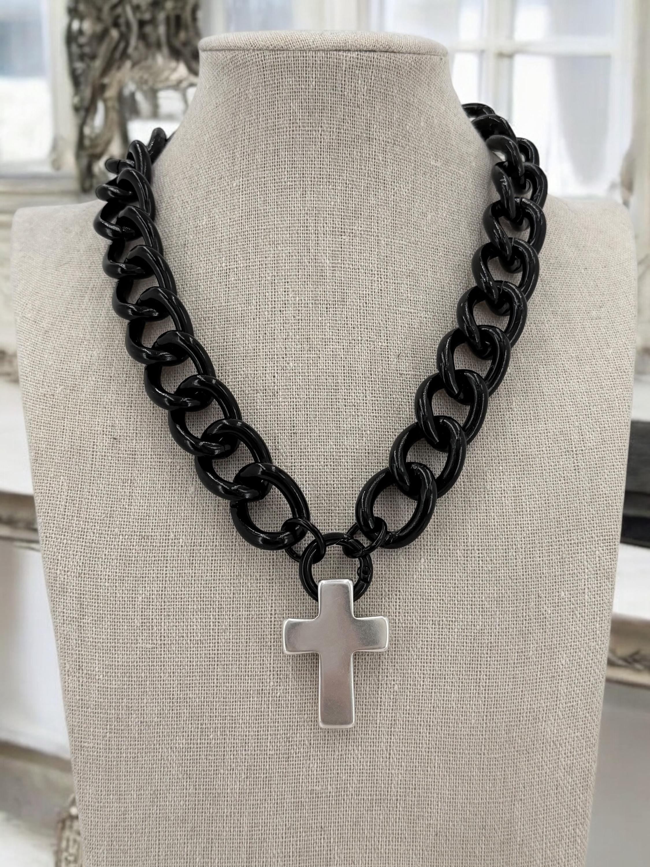 Chunky black Cuban curb chain necklace with bulky cross pendant, statement chain necklace, lightweight necklace, cross pendant necklace