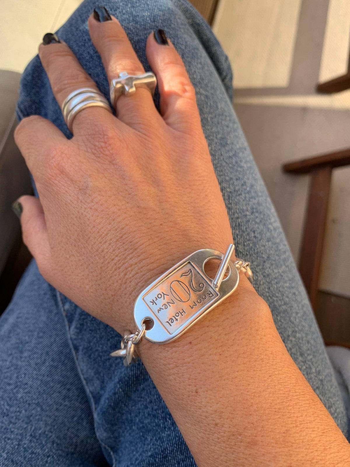 Chunky Silver Chain bold Bracelet with ID Tag Toggle Clasp, Heavy industrial Handmade Jewelry