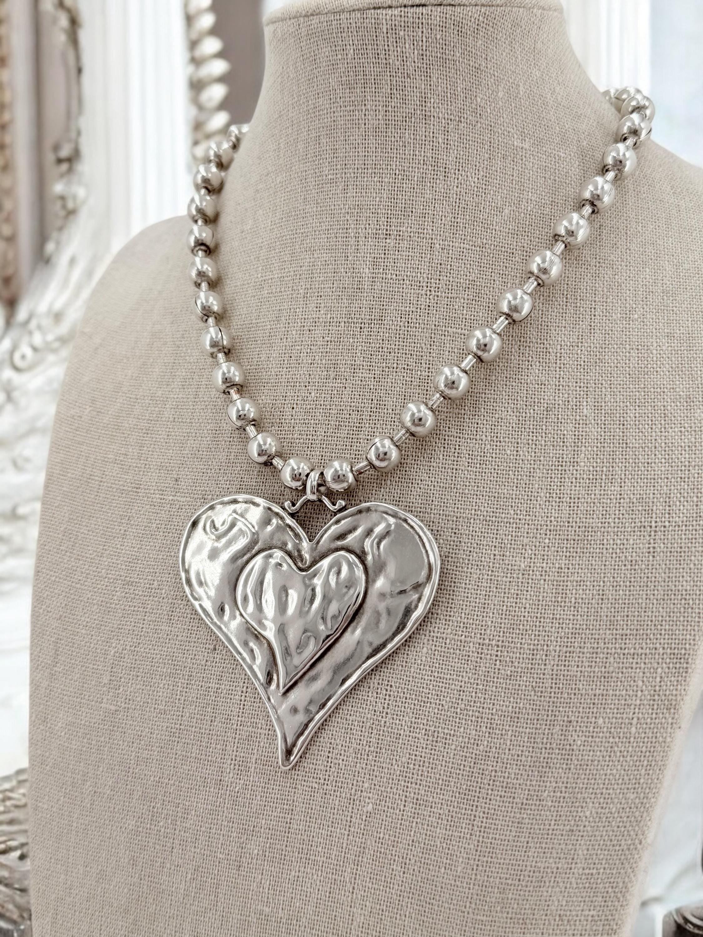 chunky balls silver chain necklace with statement big heart pendant, thick ball chain necklace, uno de 50 style, chunky silver necklace