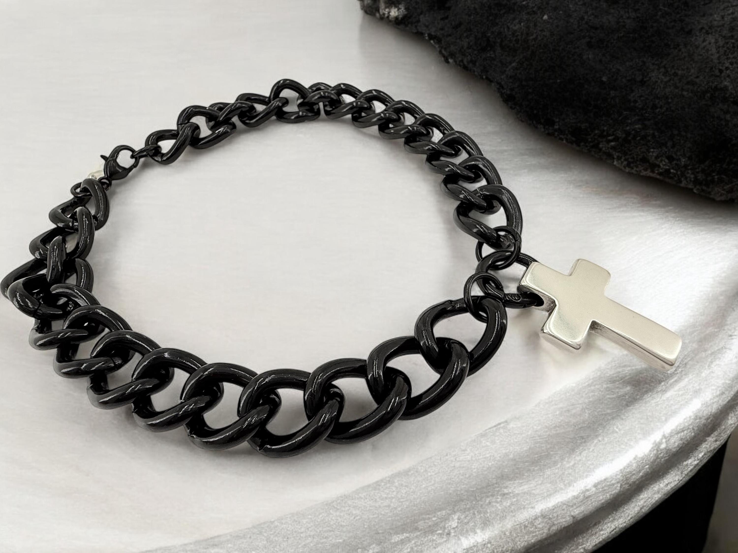 Chunky black Cuban curb chain necklace with bulky cross pendant, statement chain necklace, lightweight necklace, cross pendant necklace