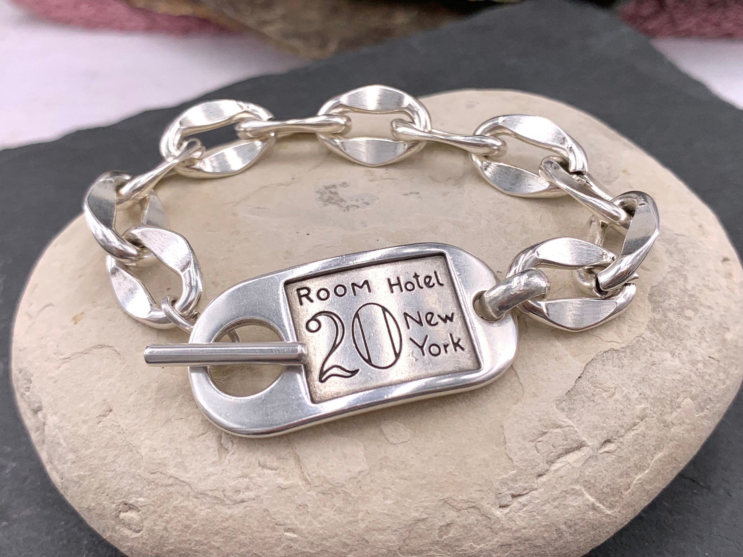 Chunky Silver Chain bold Bracelet with ID Tag Toggle Clasp, Heavy industrial Handmade Jewelry