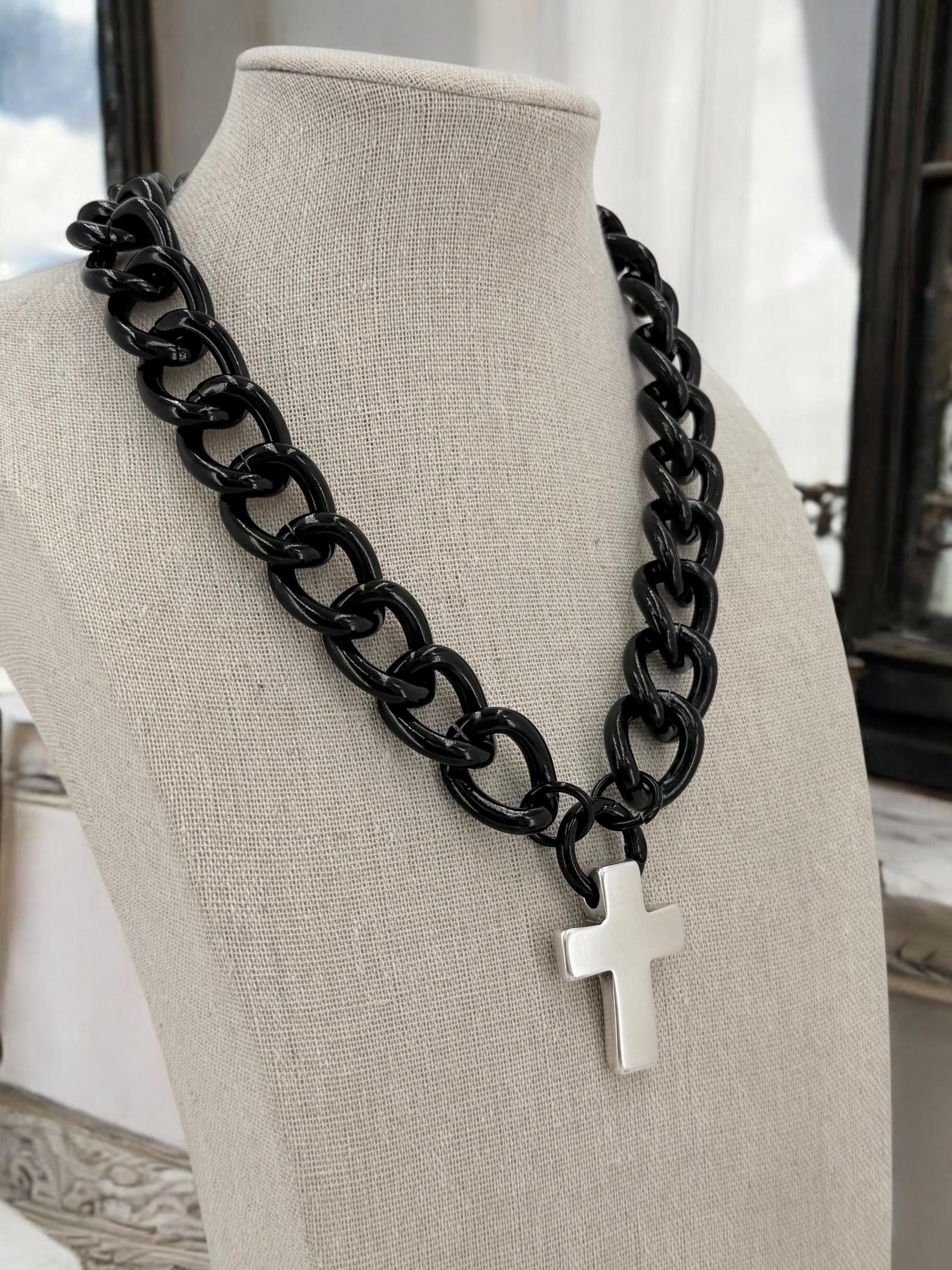 Chunky black Cuban curb chain necklace with bulky cross pendant, statement chain necklace, lightweight necklace, cross pendant necklace