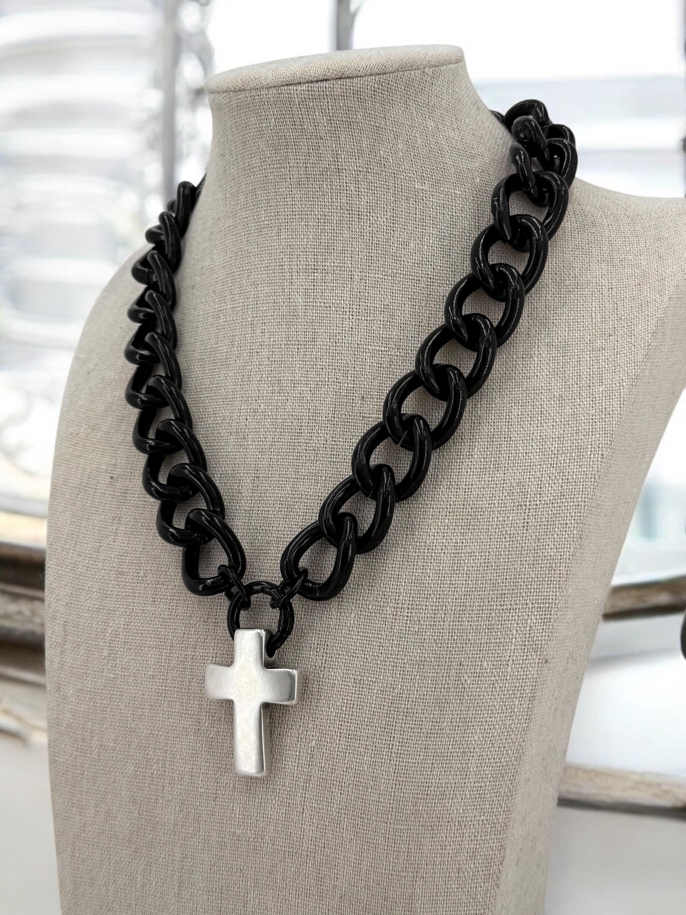 Chunky black Cuban curb chain necklace with bulky cross pendant, statement chain necklace, lightweight necklace, cross pendant necklace